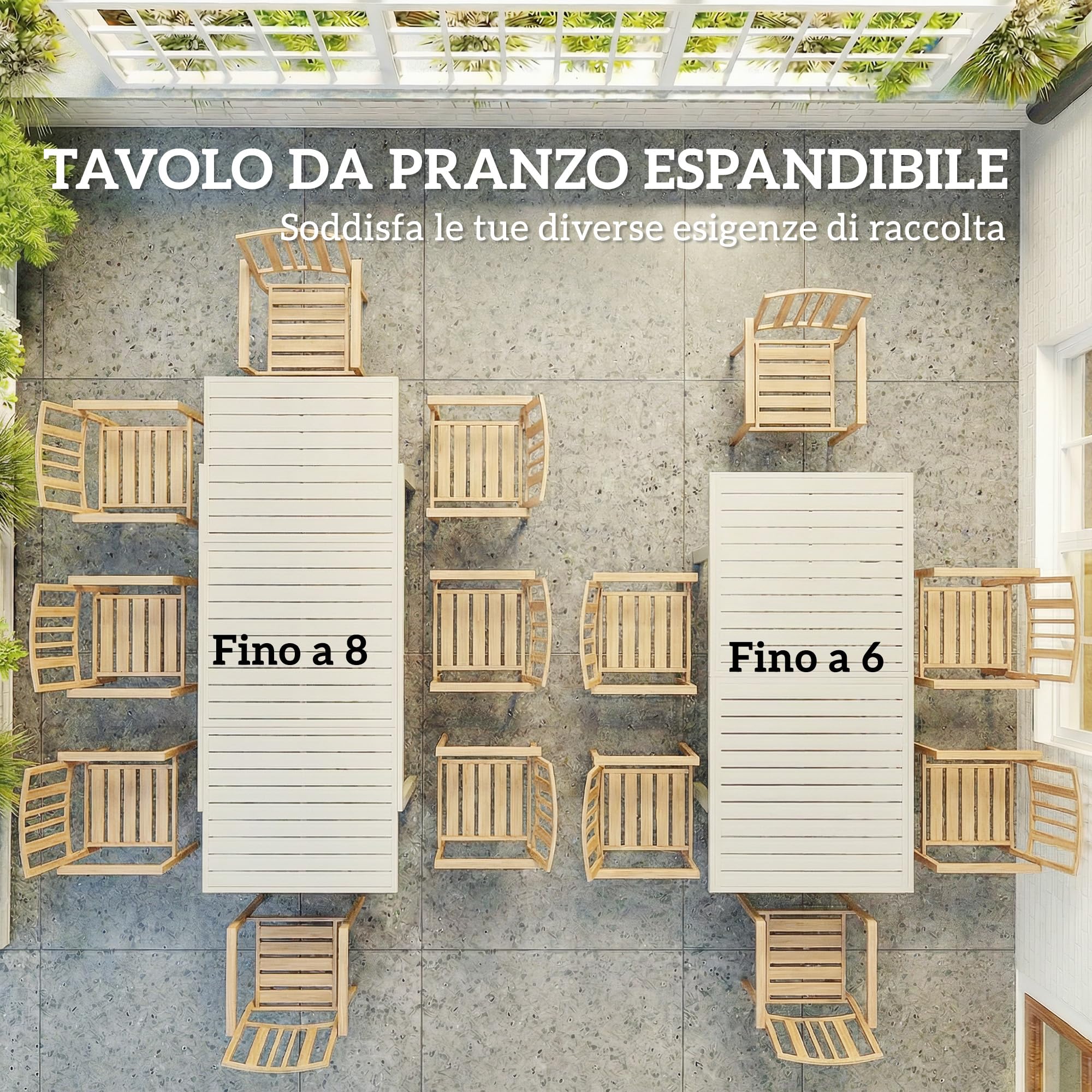 Outsunny Tavolo da Giardino Allungabile per 6-8 Persone 150/225x85 cm, Tavolo da Pranzo Estensibile Rettangolare in Alluminio con Piano a Doghe, Tavolo da Esterno per Patio Terrazzo Balcone, Bianco
