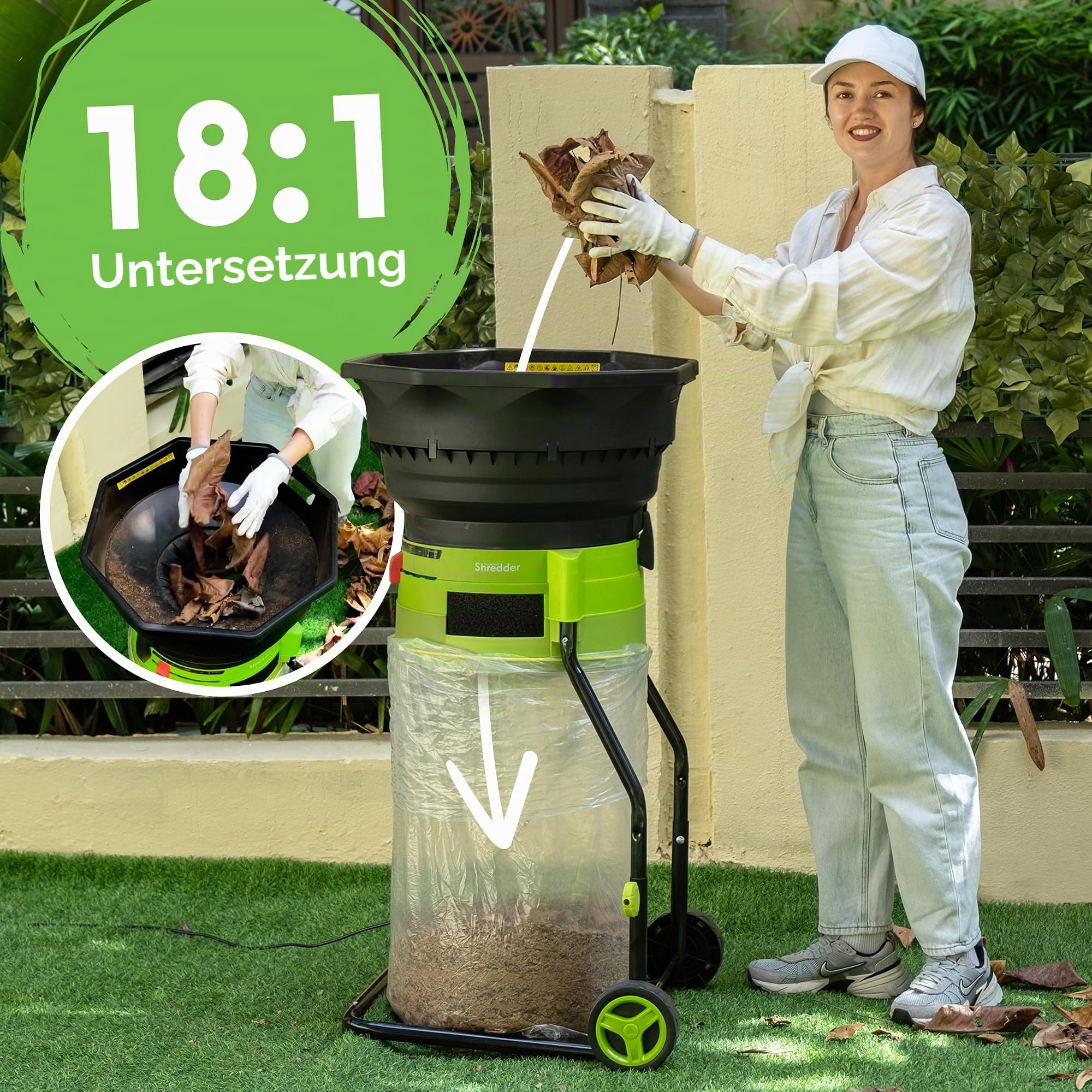 GreenSweep XL Messerloser Laubhäcksler & Mulcher 15 Ampere 9.000 U/min Motor 18:1 Reduktionsverhältnis
