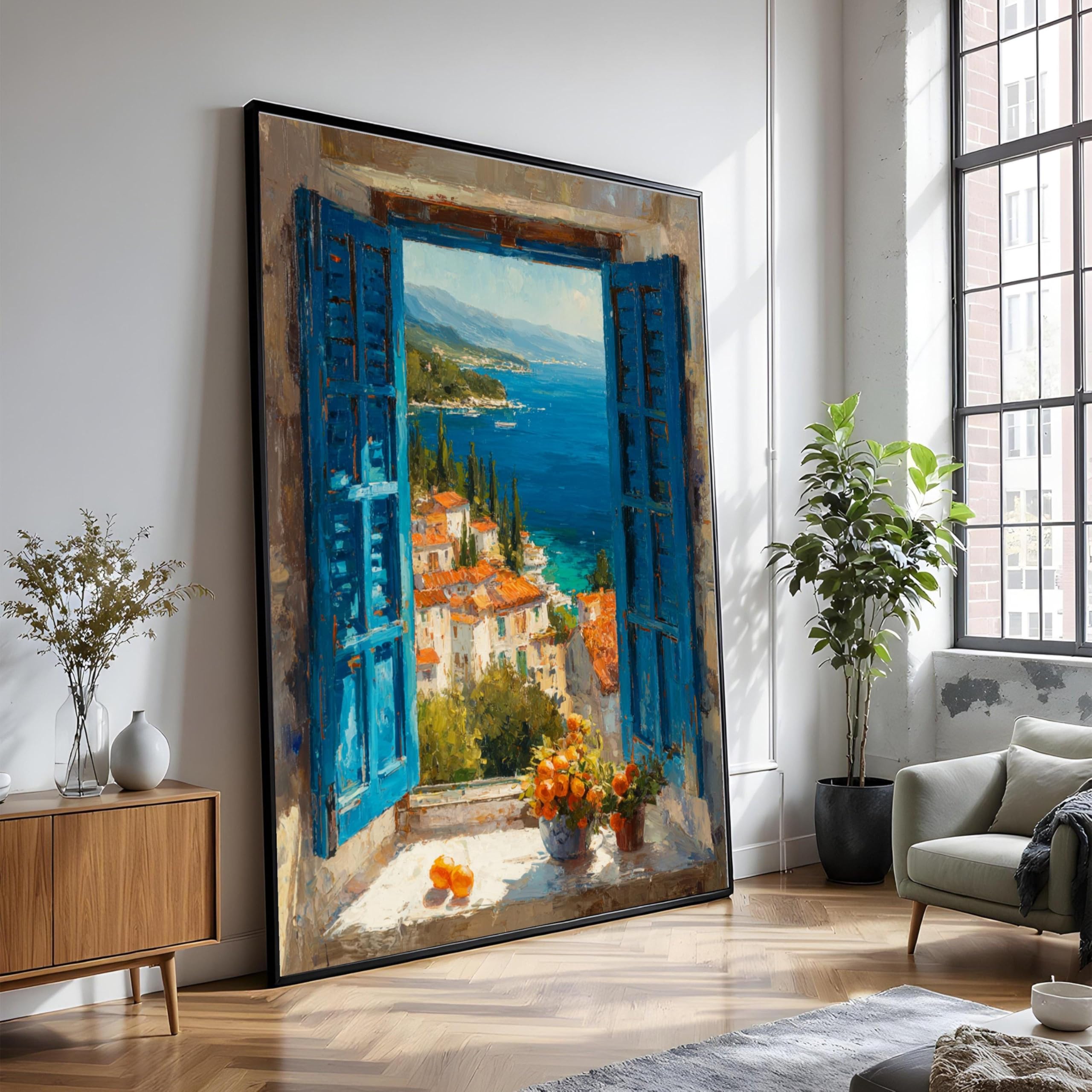 Tableau représentant une vue côtière volets bleus 50 x 75 cm - 8