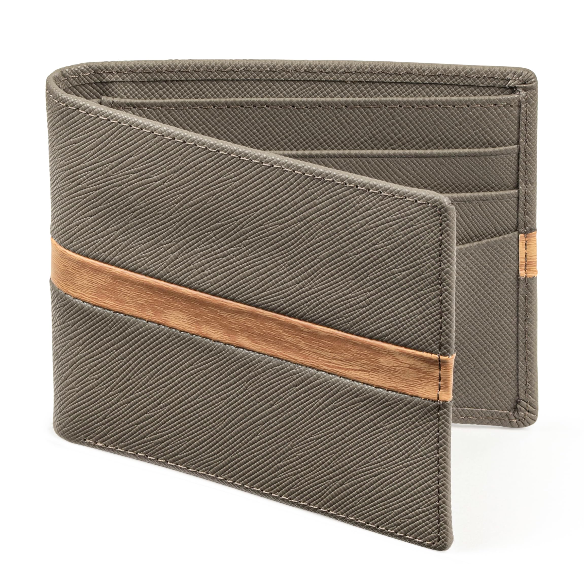 Claasico Men's Leather Bifold Wallet, Natural Wood Accent, RFID Blocking (Stone Oak)