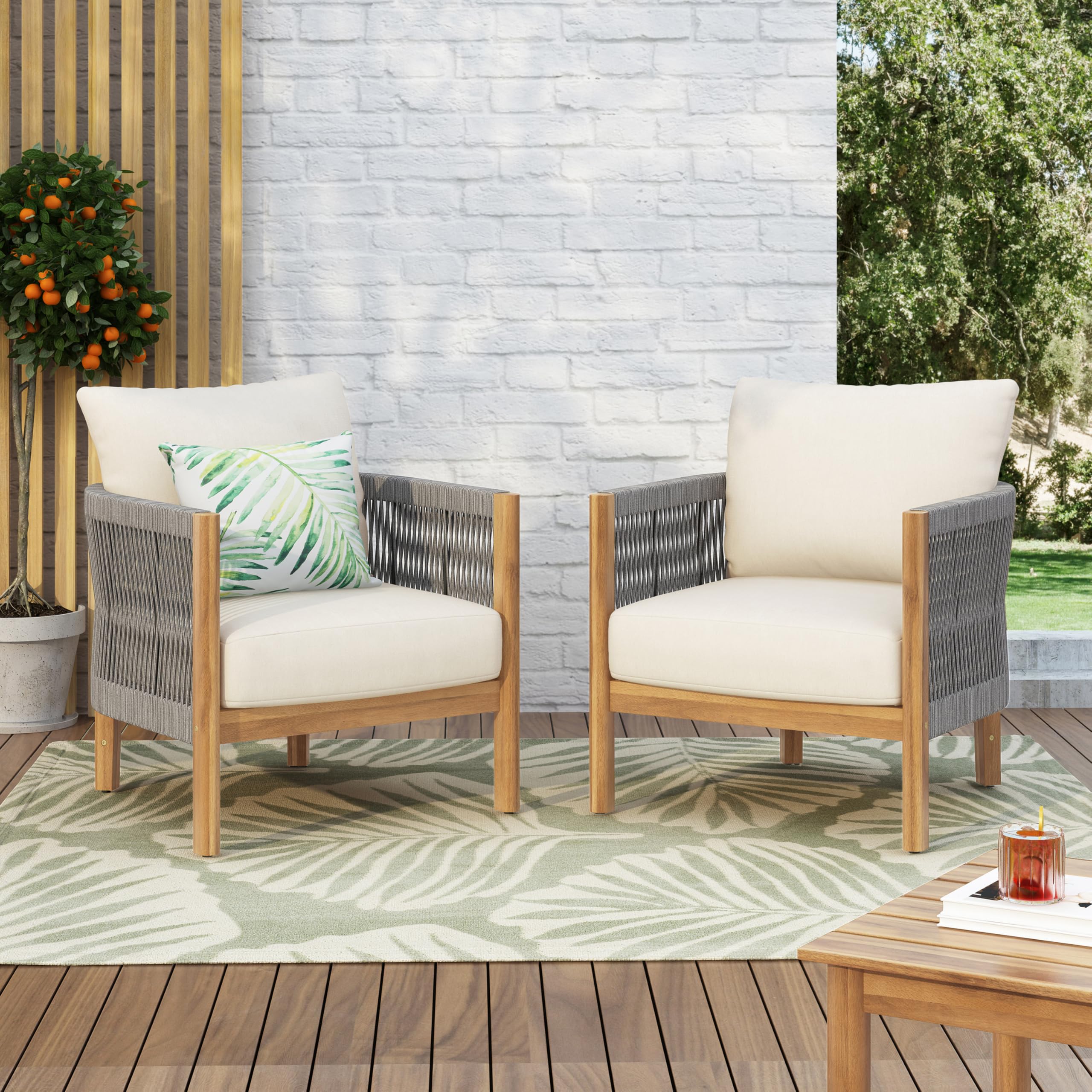 Christopher Knight Home Havets Patio Club Chairs Set of 2, Acacia Wood Accent Chair, Woven Rope Open Back Armchair, 6" Thick Cushion, Comfort Single