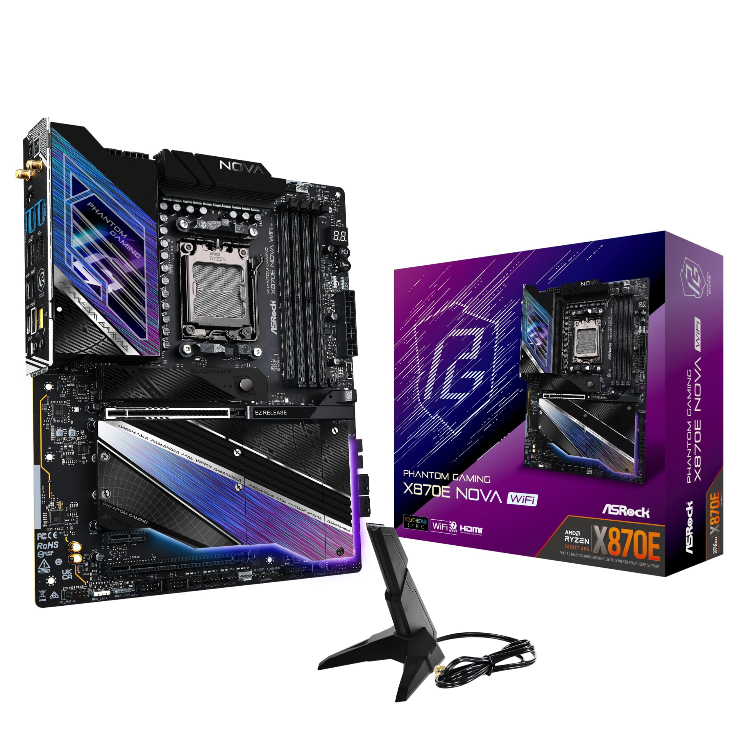 ASRock Motherboard X870E Nova WiFi AMD Ryzen 9000 Series CPU (Soket AM5) Compatible X870E Chipset ATX Motherboard