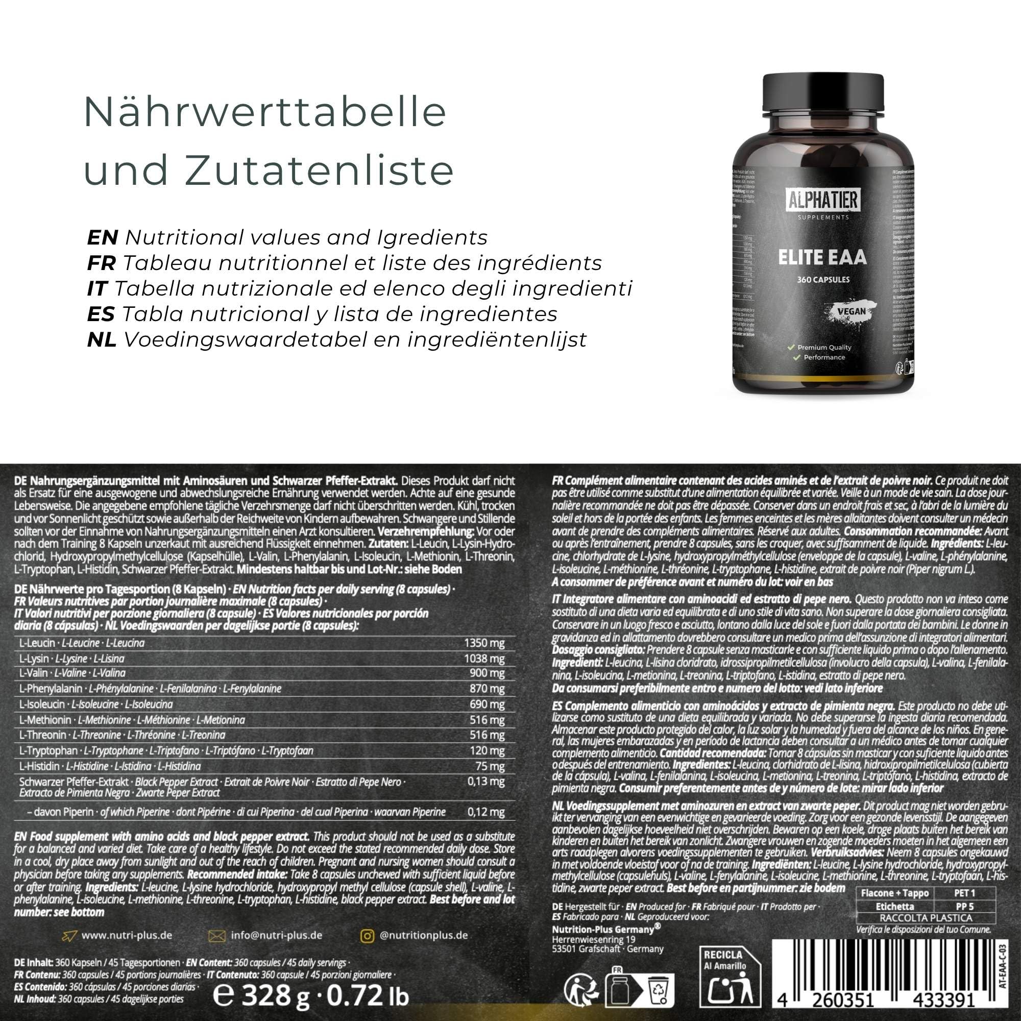 Alphatier EAA Kapseln - 360 Mega Caps 750mg - hochdosiert vegan - 8 essentielle Aminosäuren - EAAs Eiweißkapseln ohne Zusätze - Amino Supplement