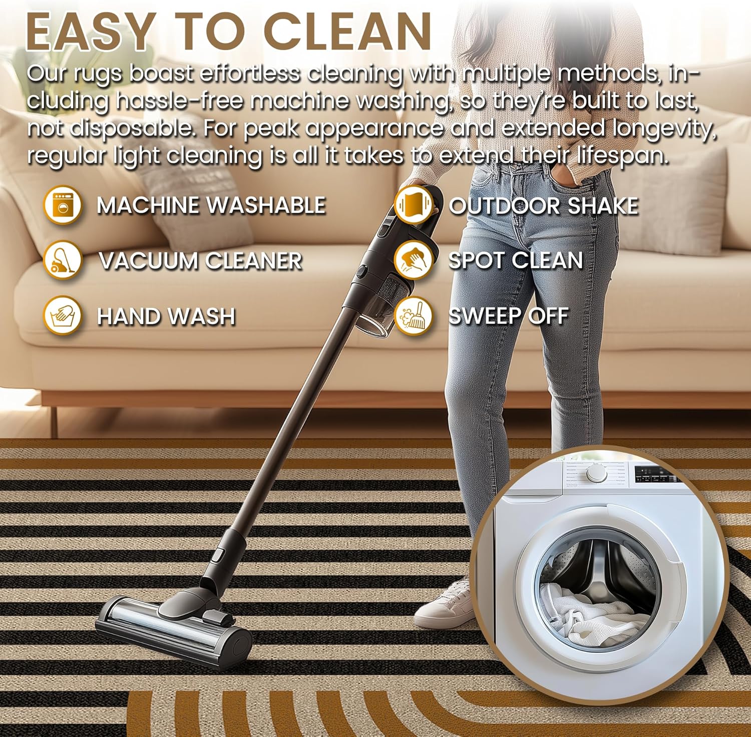 Washable Modern Easy Jute 5x5 Square Rug, Neutral Geometric Abstract Outdoor Indoor Patio Farmhouse Large Area Rug, Woven Non Slip Thin Carpet Mat for Living Dining Room Bedroom Classroom Kids