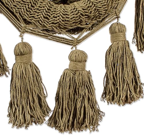 Miniatura 2 de NOVICA Hamaca artesanal de algodón hecha a mano con borlas maya de México, decoración tropical sólida, asiento de océano en verde oliva (individual)