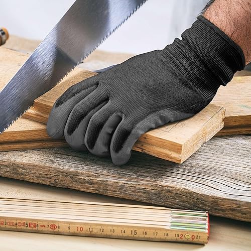 Miniatura 6 de Guantes de trabajo negros con revestimiento de poliuretano, 3 pares de guantes de trabajo de seguridad, buenos para construcción, techos,