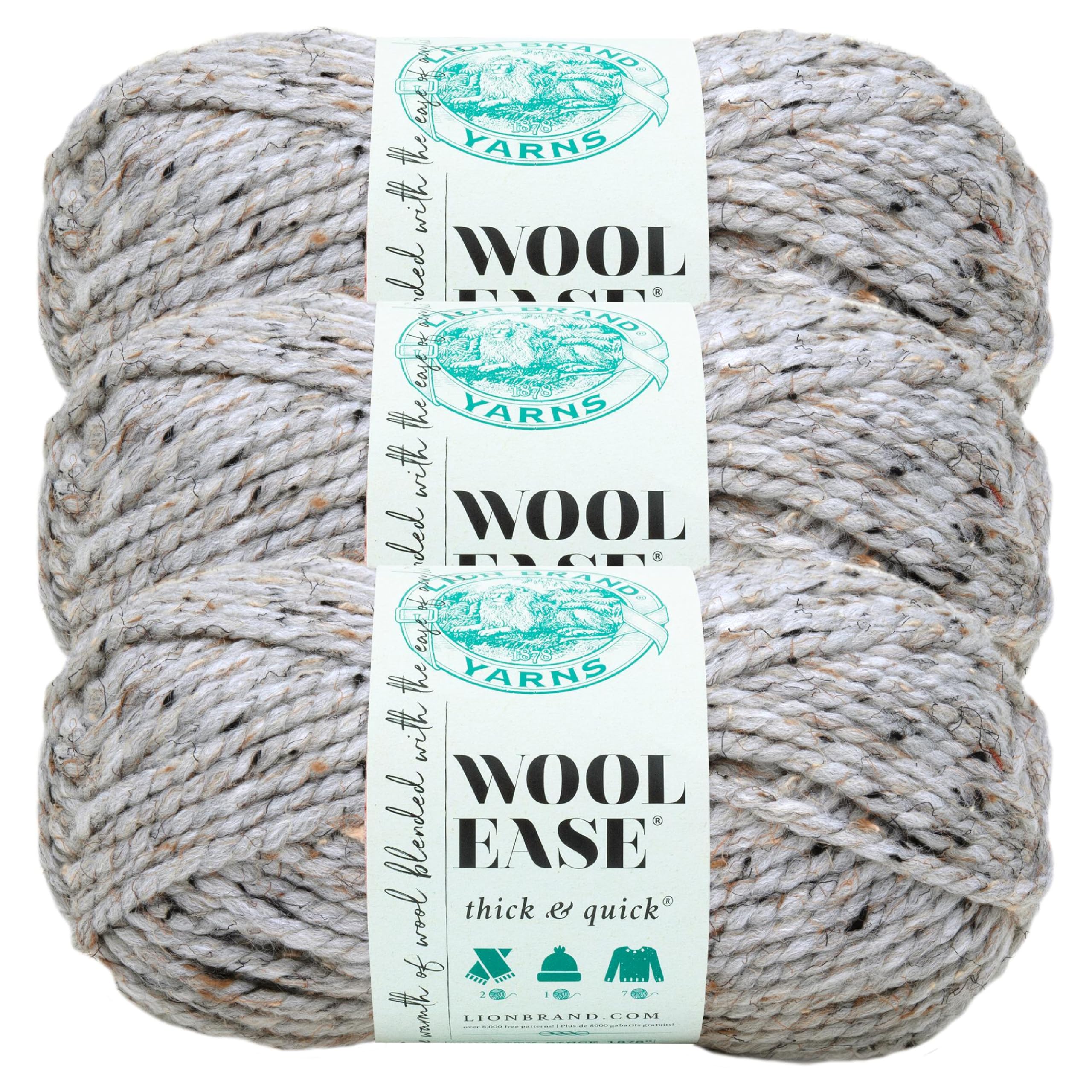 Lion Brand Yarn Grey Lion Brand Wool-Ease Thick & Quick Yarn - Soft, Bulky Wool For Knitting & Crochet, 3 Pieces, Marble