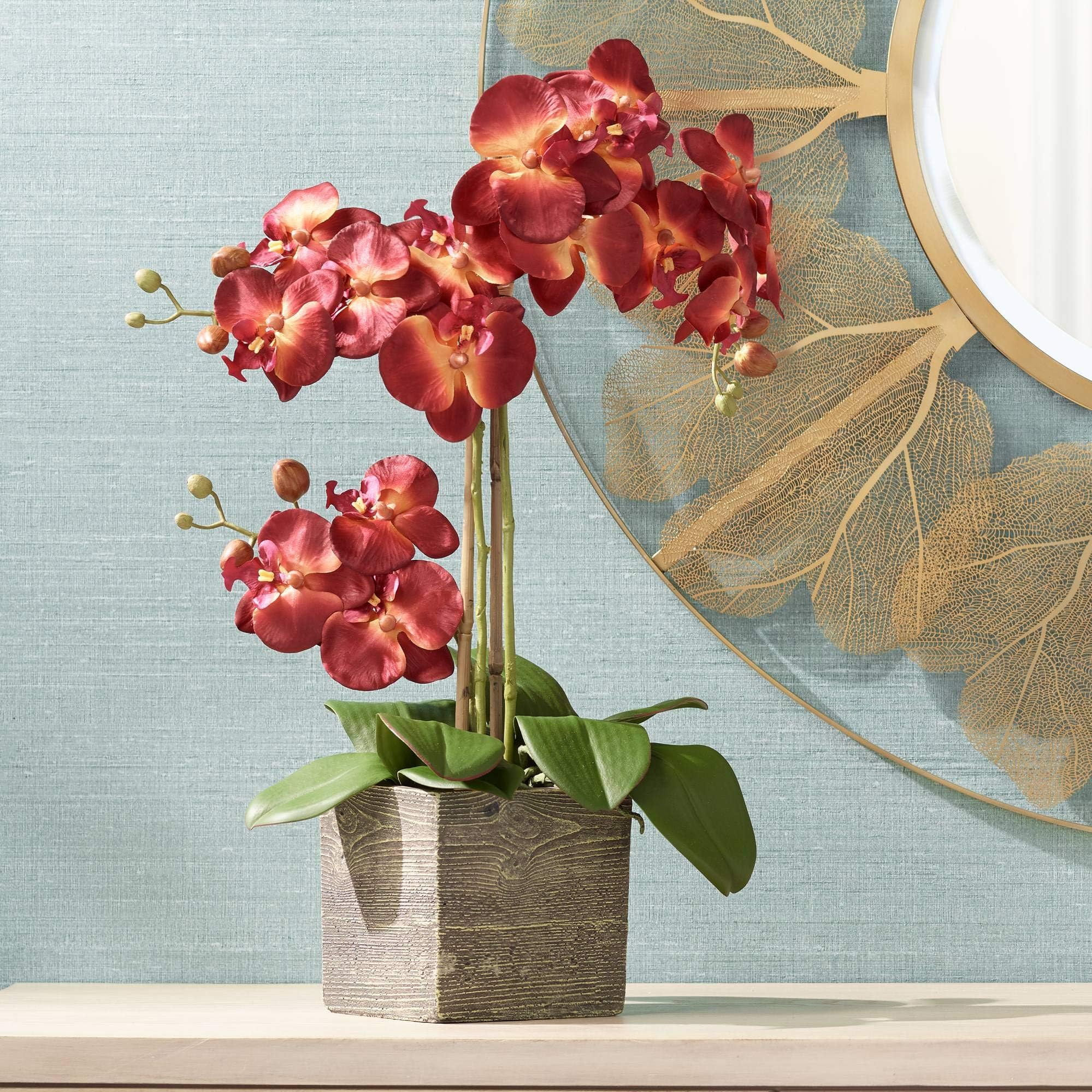 Studio 55D Potted Silk Faux Artificial Flowers Arrangement Realistic Red Orchid in Square Pot for Home Decoration Living Room Office Bedroom Bathroom Kitchen Dining 26" High