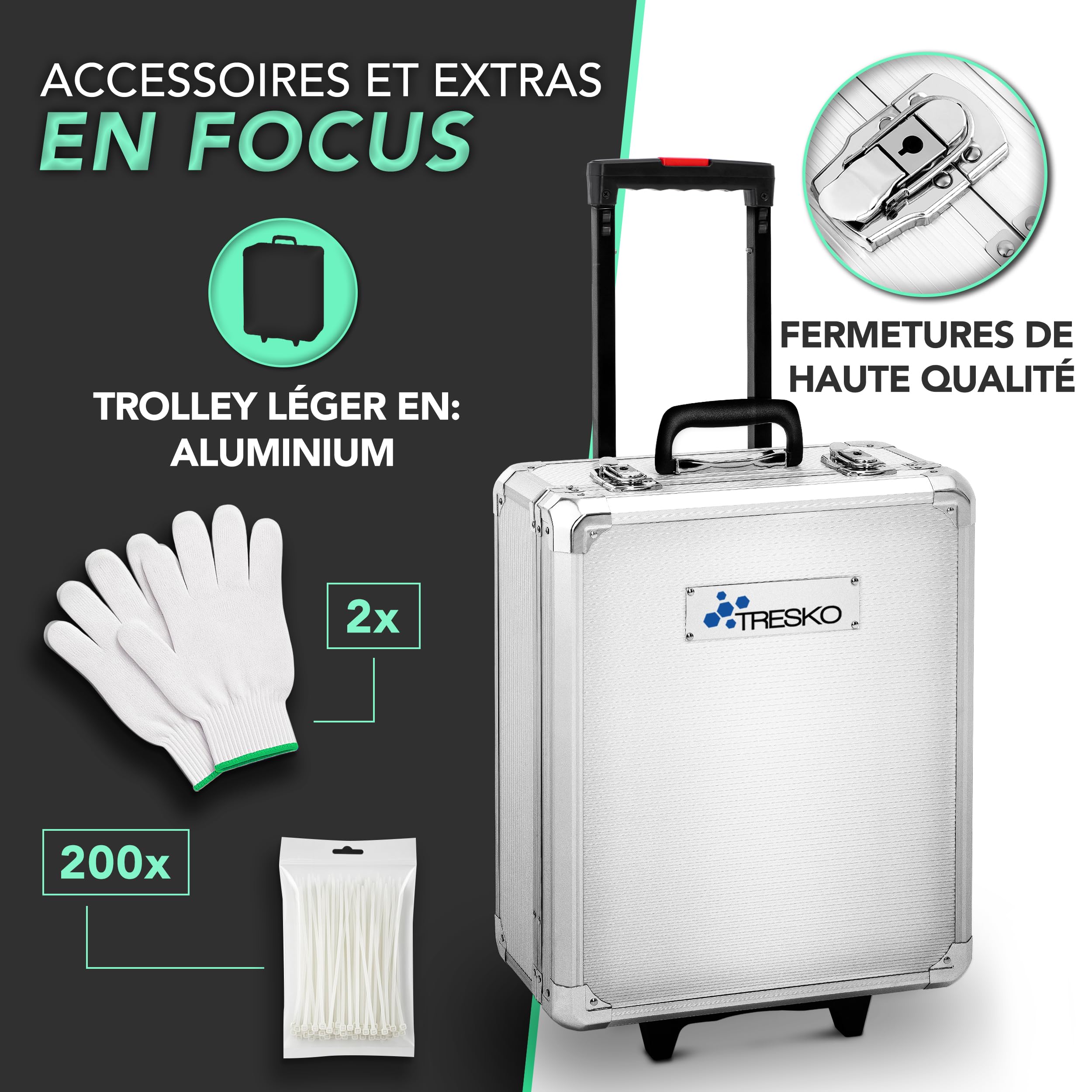 TRESKO Boite à Outils 1400 pièces en Chrome Vanadium | avec mallette en aluminium et poignée télescopique (Argent)