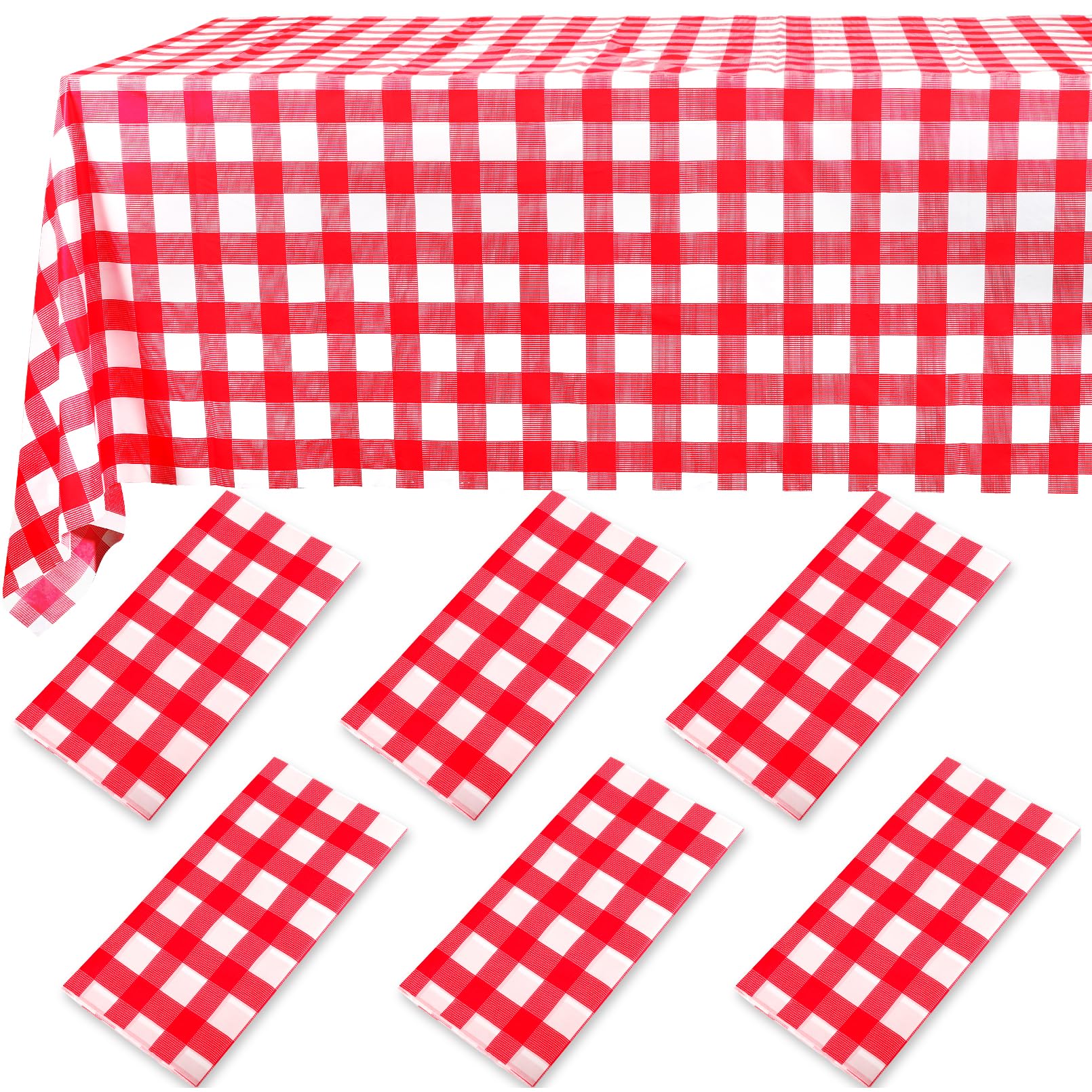 Preocea 6 Pack Gingham Tablecloth, 137x274 cm Plastic Tablecloth, Red White Checkered Table Cloth Party, Waterproof Red Gingham Checkered Tablecloths, Disposable Table Cover for Party Picnic BBQ