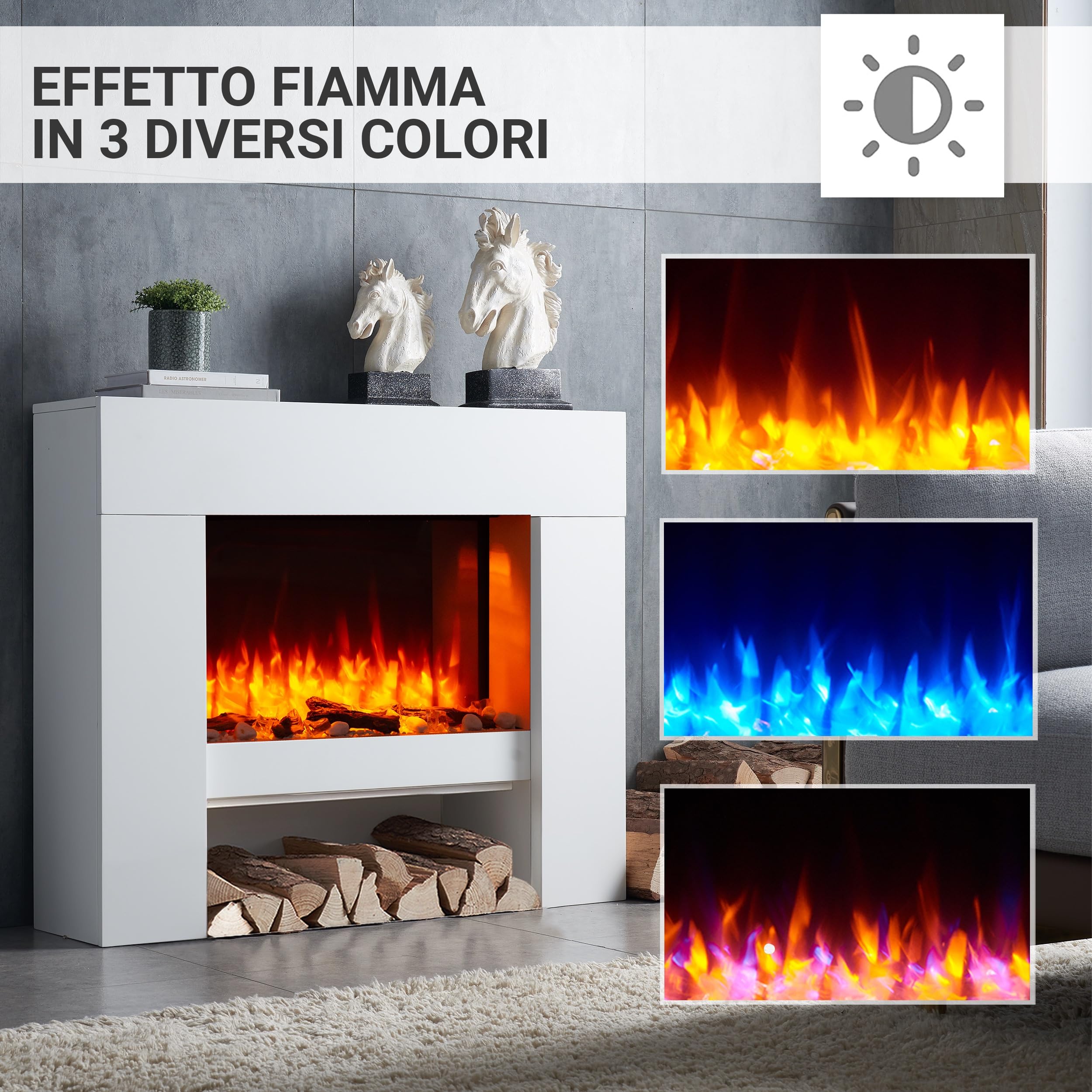 RICHEN camino elettrico da terra Naran | Caminetto da pavimento con vano decorativo | Riscaldamento elettrico 2000 W| Effetto fiamma 3D | Focolare con telecomando, timer, termostato | Bianco