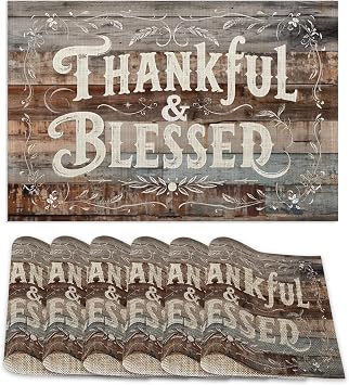 Thankful Blessed Placemats Set of 6,Vintage Wood Board Placemats Washable Kitchen Dining Linen Table Mats Stain Heat-Resistant for Home Party Indoor 12x18 inch