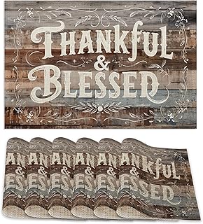 Thankful Blessed Placemats Set of 6,Vintage Wood Board Placemats Washable Kitchen Dining Linen Table Mats Stain Heat-Resistant for Home Party Indoor 12x18 inch