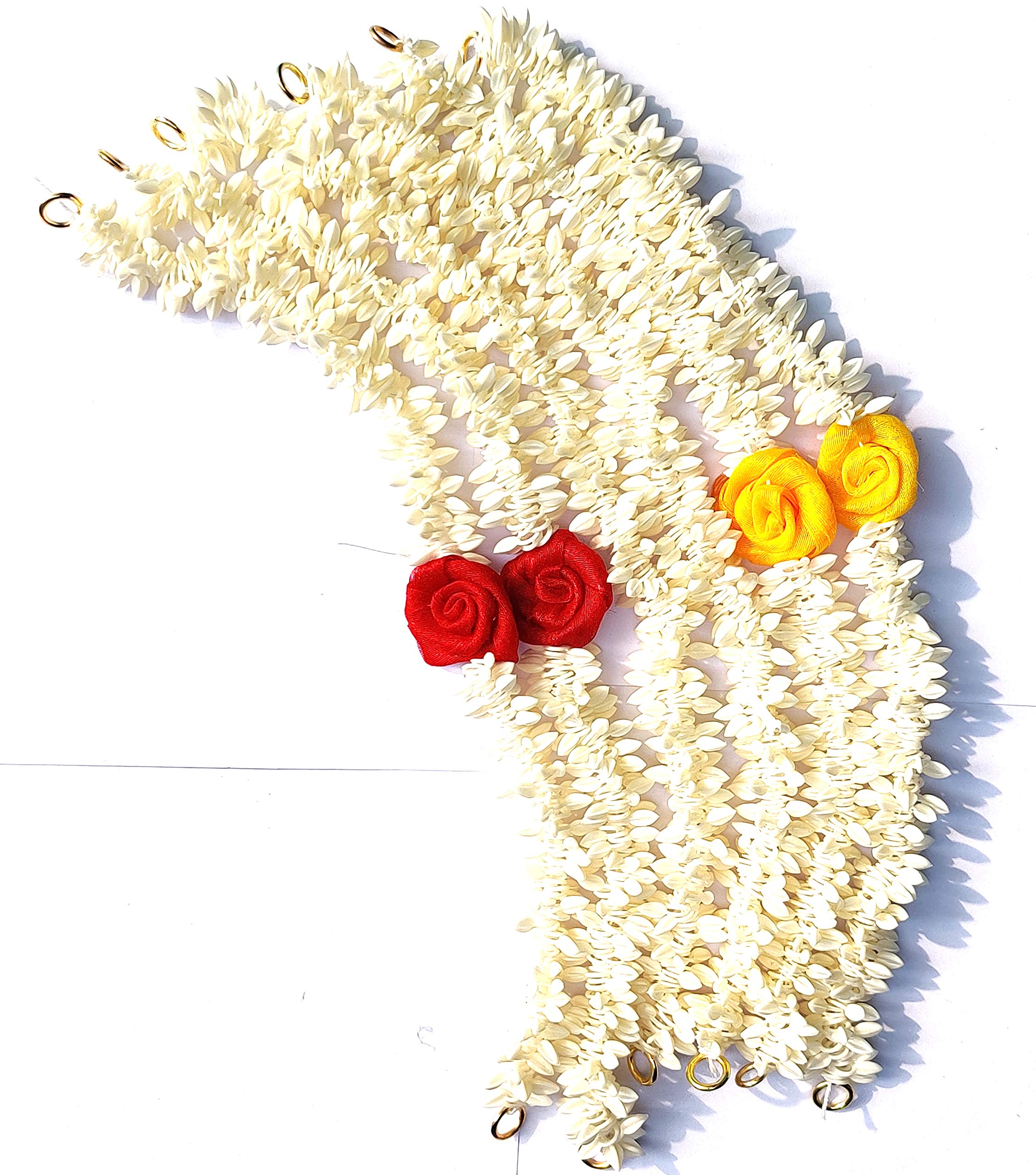 Gajra/Jasmine Garland Mala with Real Jasmine fragrance for women, used as hair accessories set of 6, 2 red flower 2 White Flower and 3 Yellow with a surprise freebie