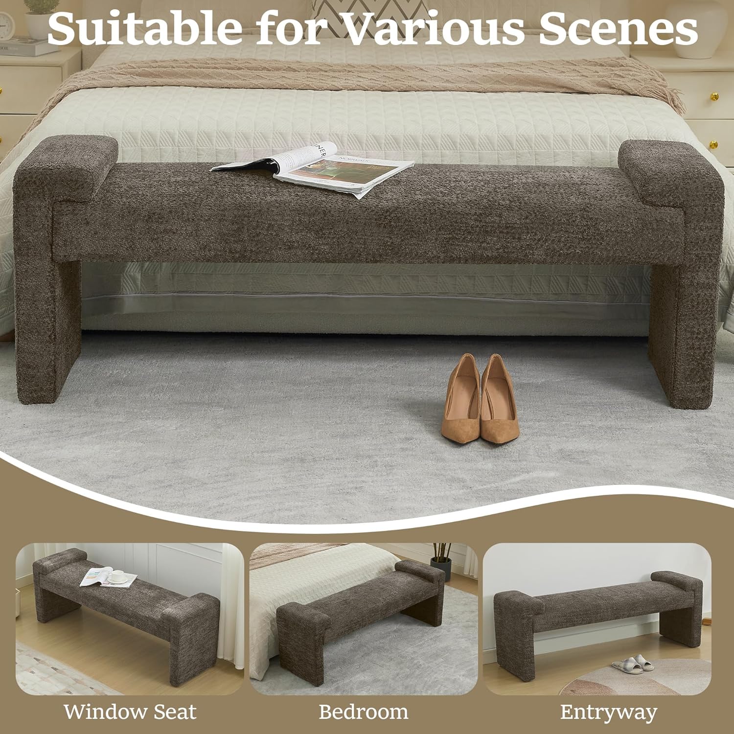 58.7" End of Bed Bench Upholstered Modern Bedroom Bench for Living Room & Entryway, Easy Assembly, Footrest Ottoman Accent Window Bench with Solid Wood Frame & Curved Arm, Brown