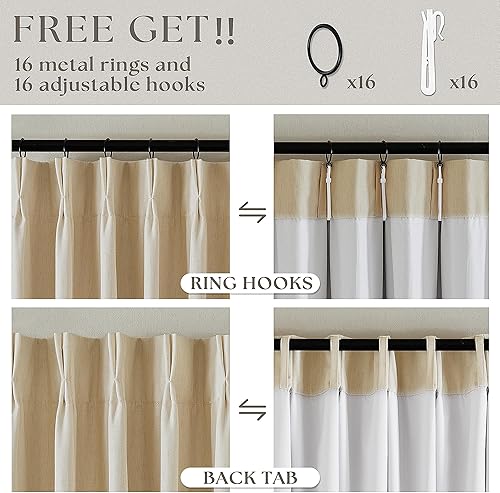 Miniatura 228 de Cortinas opacas de lino con pliegues pinzados de 90 pulgadas, 2 paneles para sala de estar, crema natural, cortinas 100% opacas de 90 pulgadas