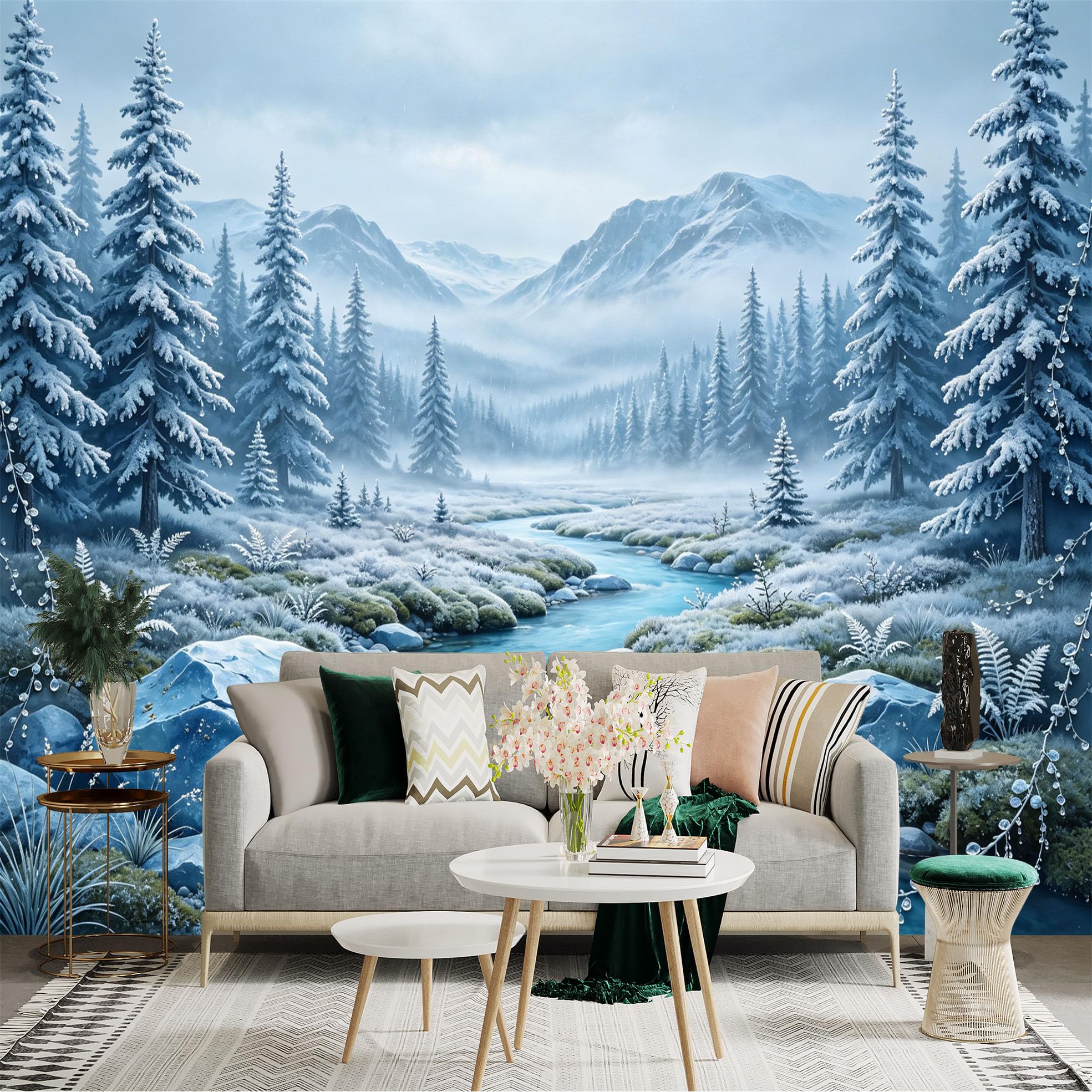 Custom Size Wall Sticker Mural， Winter Forest with River， Snowy Mountains and Pine Trees， for wall Decoration， peelandstick wall Decals.