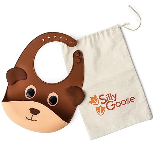 Silly Goose Baberos de silicona de animales para bebés y niños pequeños, impermeables, ajustables, suaves, bolsillos extra anchos para atrapar 1