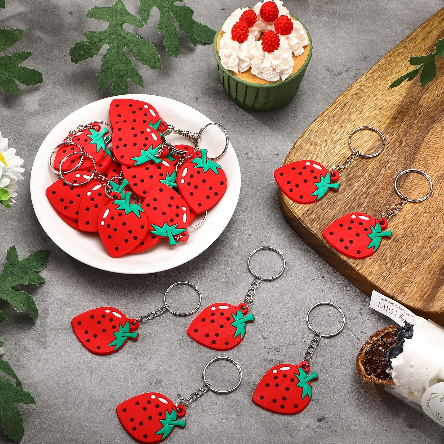Tondiamo Strawberry Keychain Strawberry Party Favors Cute Fruit Keychain Rubber Keyrings for Summer Classroom Birthday Gifts