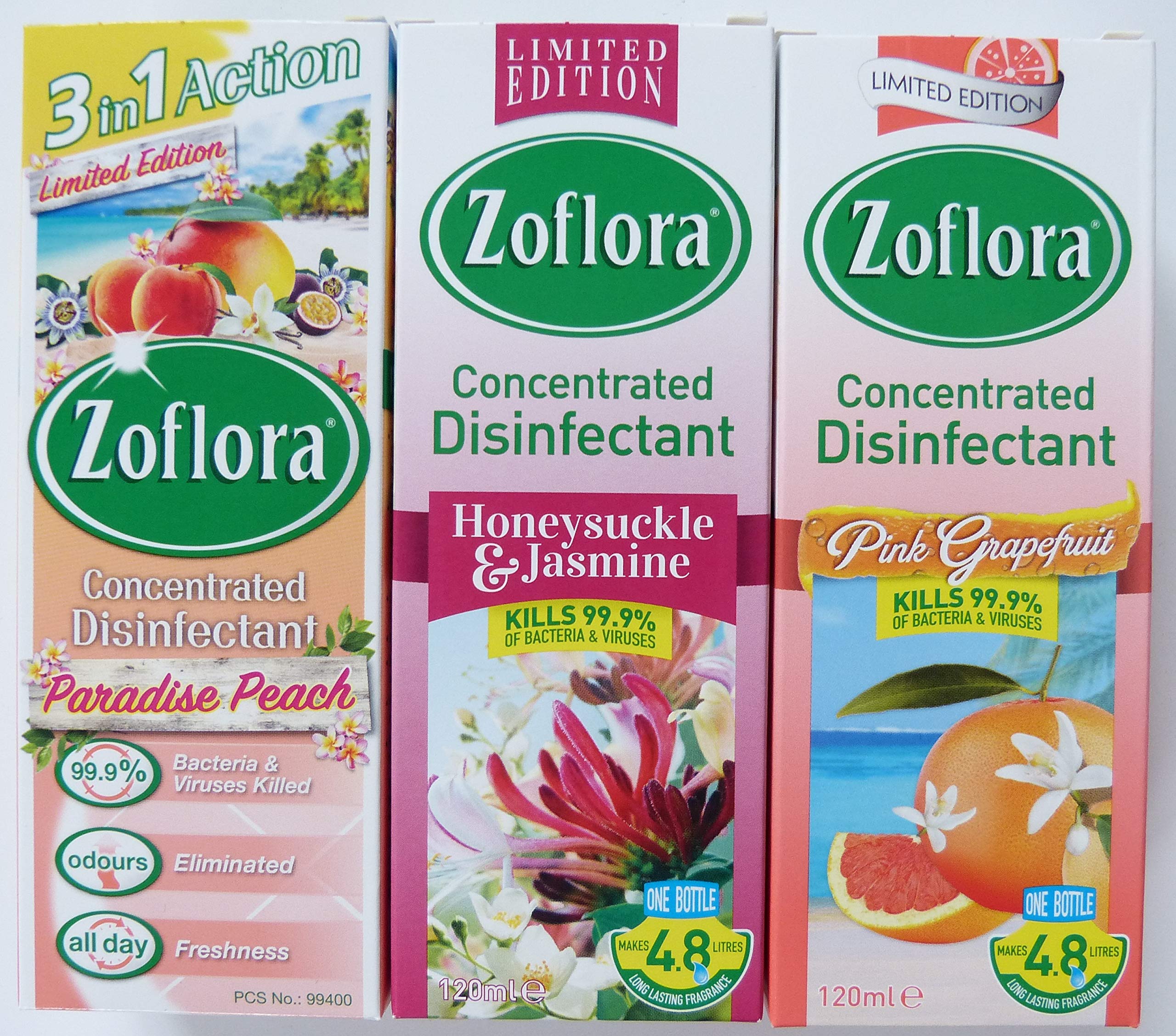 Zoflora - Honeysuckle & Jasmine + Paradise Peach + Pink Grapefruit - Trio - 3 x 120ml