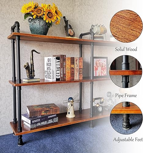 Miniatura 4 de Estantería industrial de 3 niveles de largo, estantería industrial de 3 tubos Realwood para sala de estar, entrada, oficina (marrón rústico, 60