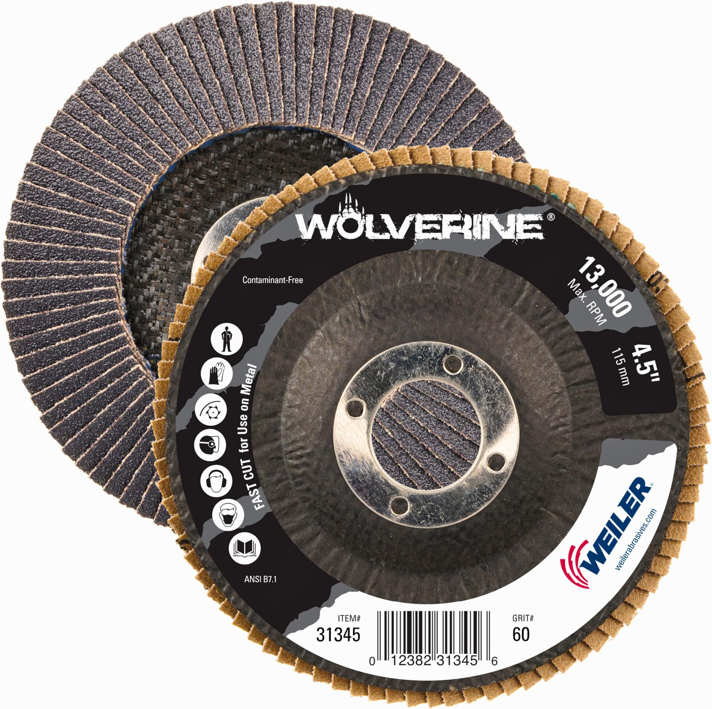Weiler Vortec Pro 7/8" Arbor, 4-1/2" Diameter, 60 Grit, Zirconium, Phenolic Backing, Angled Abrasive Flap Disc