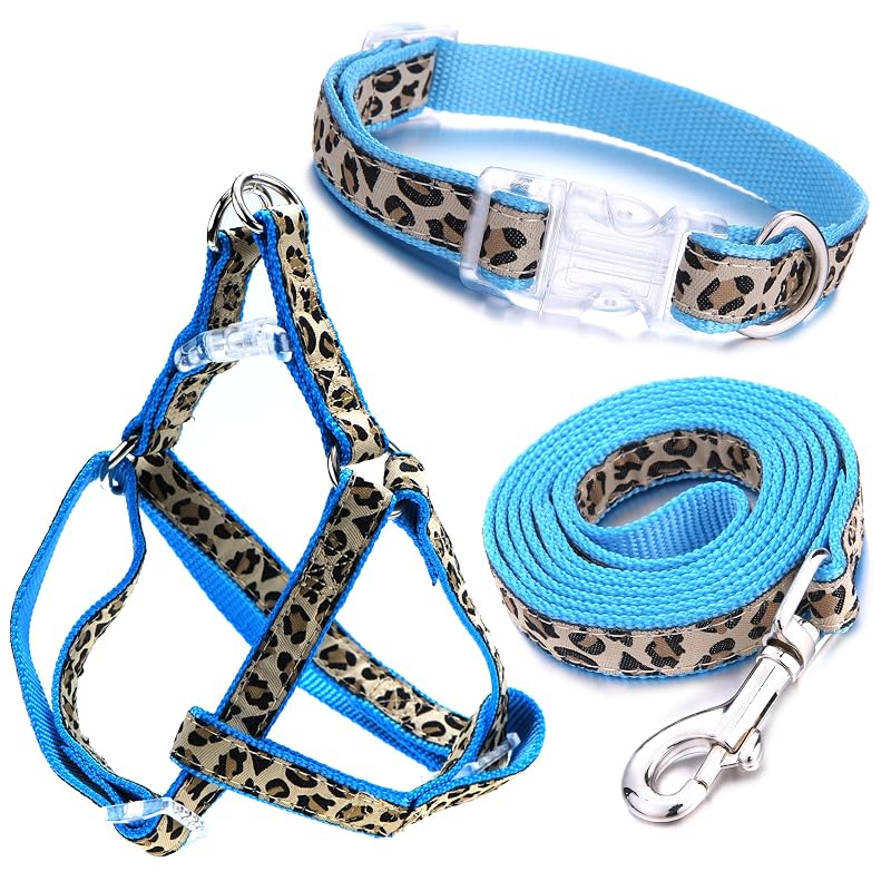 Peitoral Tipo Cabresto com Coleira e Guia para Cães Pequenos, Nylon com Estampa Leopardo Mile High Life, Azul, Tamanho S
