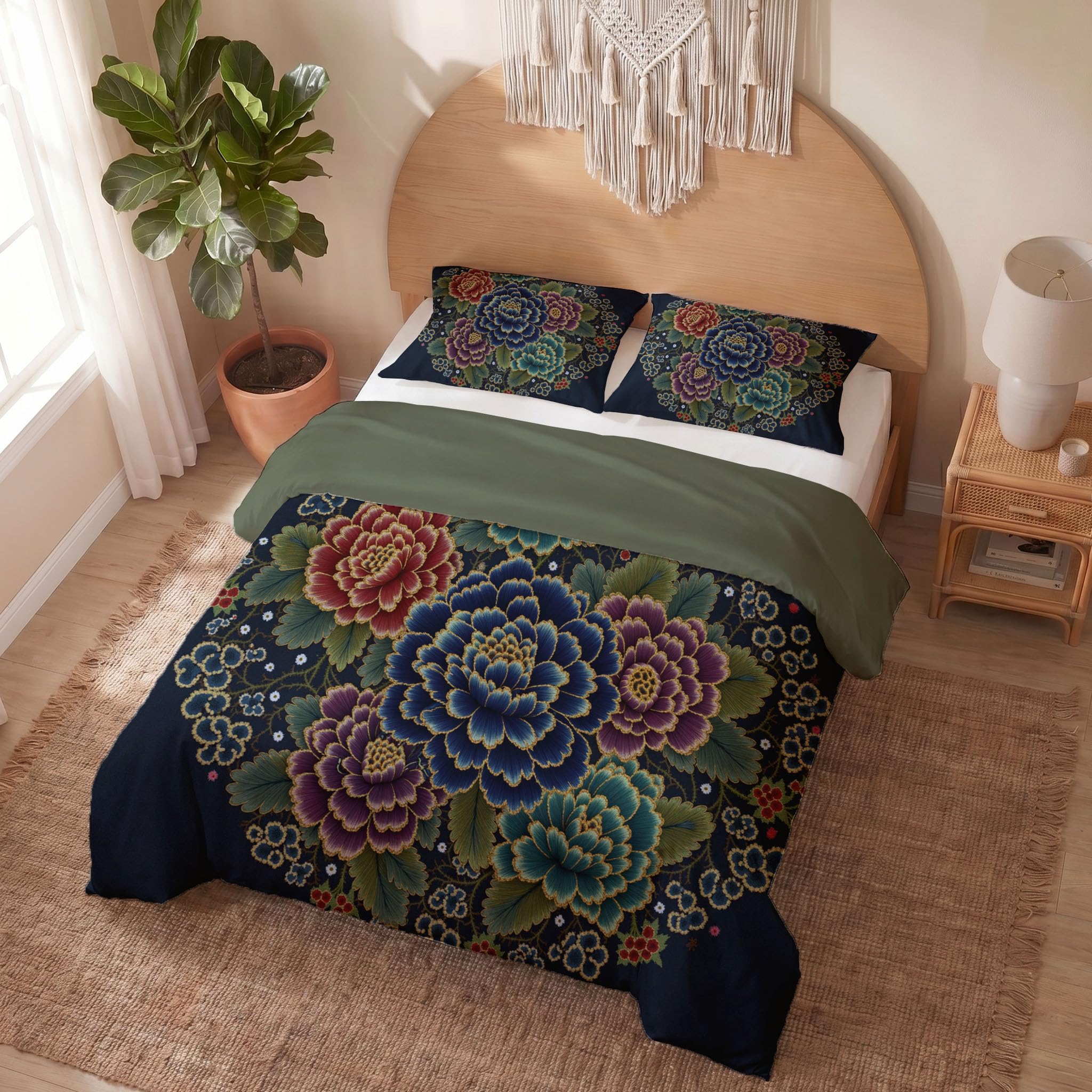 Housses de couettes microfibres douceur 240x260 parure de lit adulte vert fonce retro