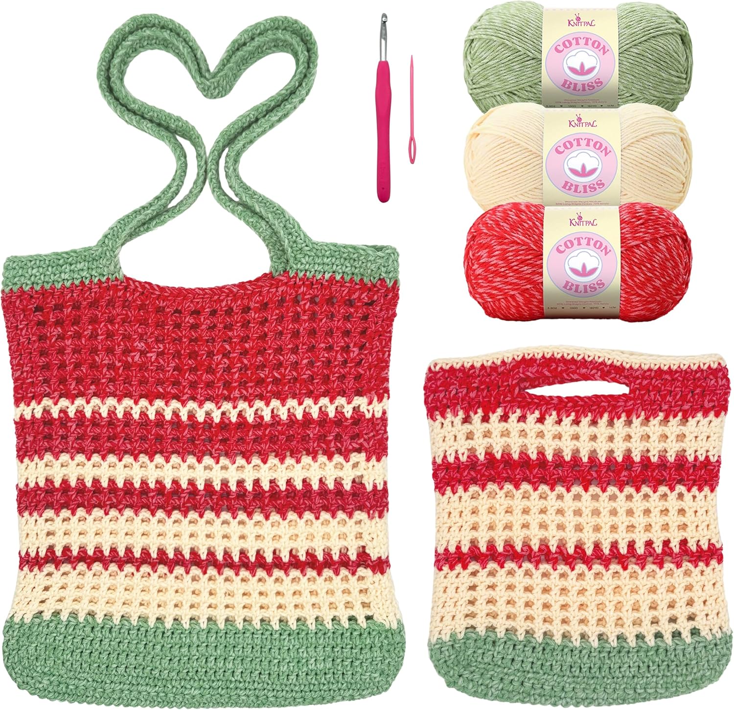 KnitPal Sunset Striped Market Bag Crochet Kit for Confident Beginners – Make a Reusable Market Bag & Lunch Tote – with Cotton Bliss Yarn (#4 Worsted), Hook, Patterns & Video Tutorials