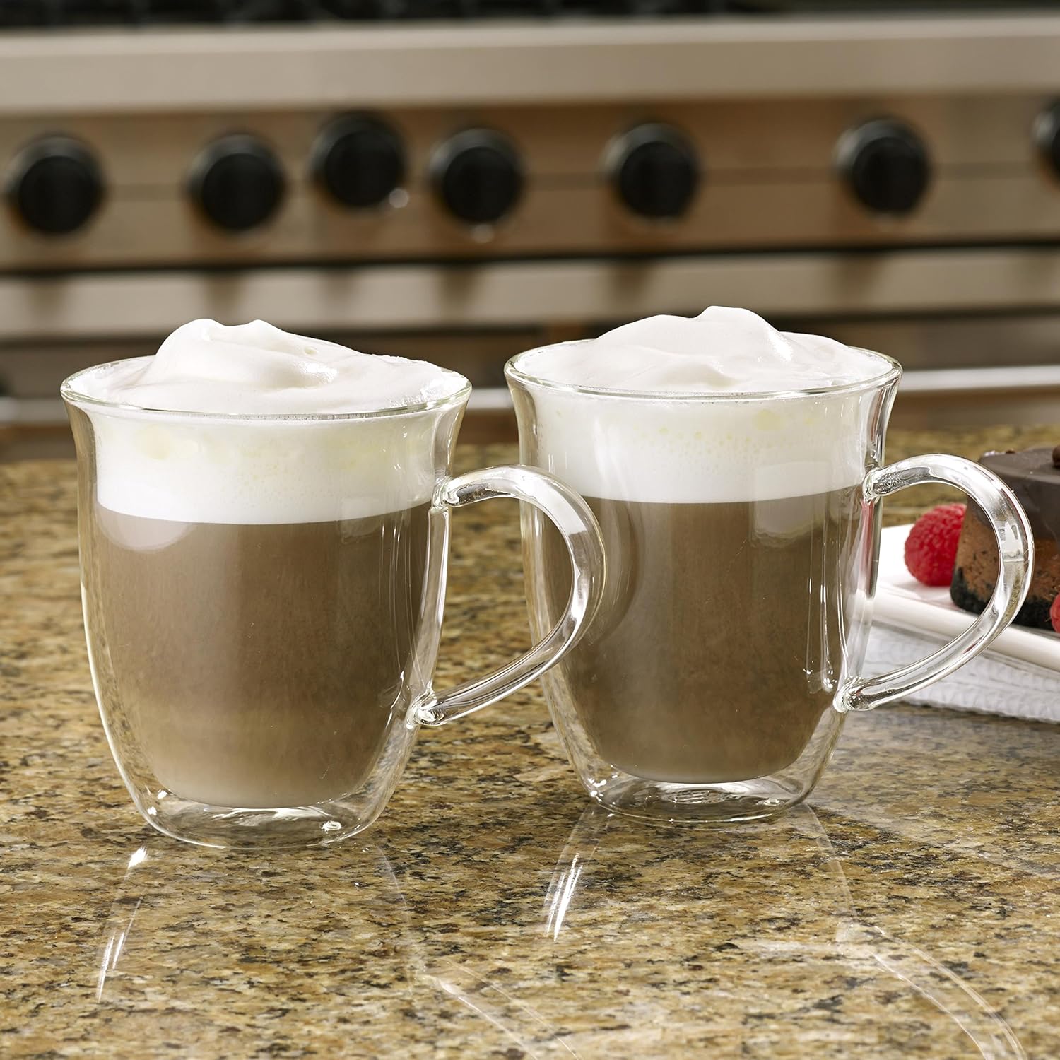 BonJour Coffee Insulated Borosilicate Glass Latte Cups, 2-Piece Set, 12-Ounces Each