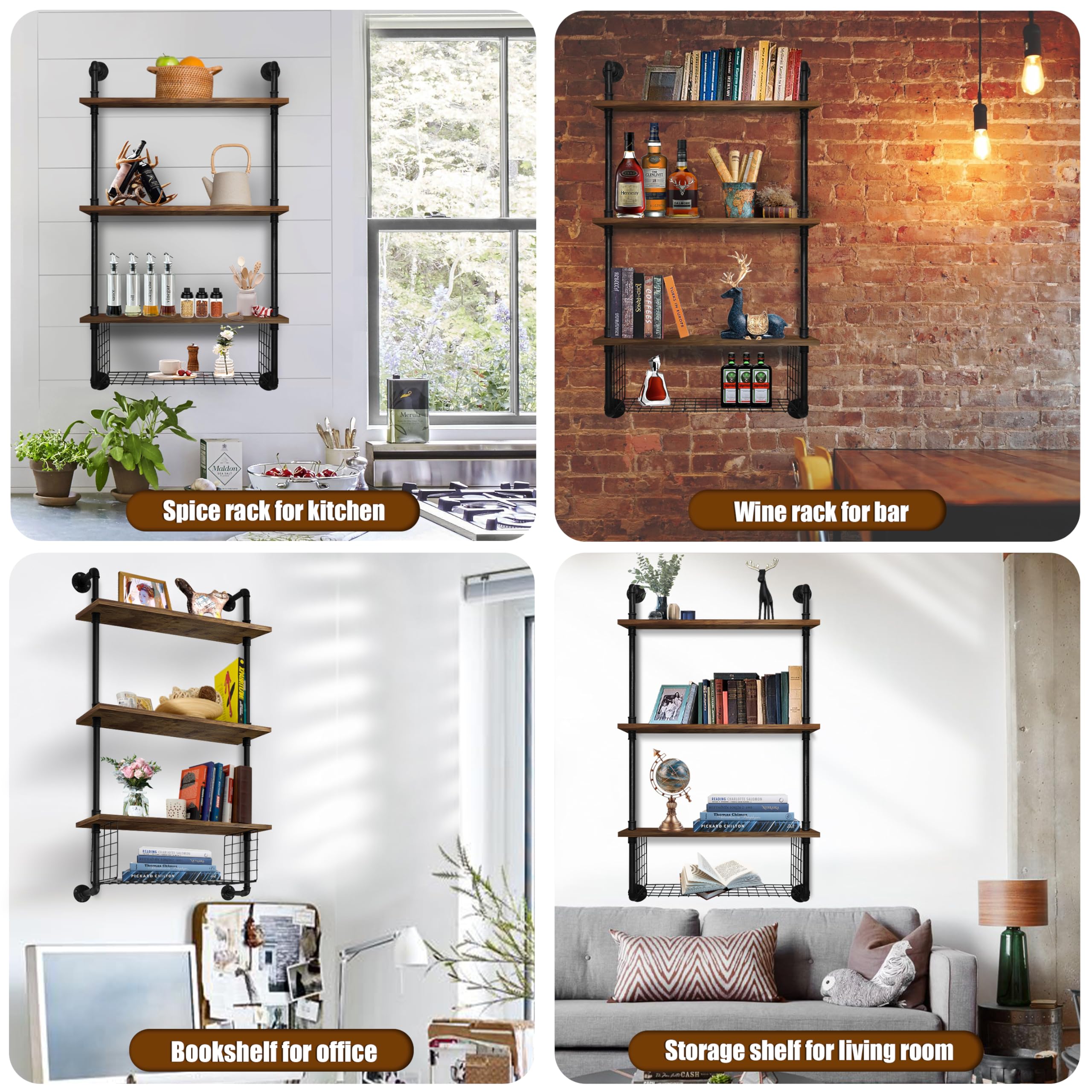 GILPWA Industrial Pipe Shelving 3 Tiers 24in Bathroom Shelves Wall Mounted with Paper Storage Basket Retro Wood Wall Display Bookshelf Storage Rack