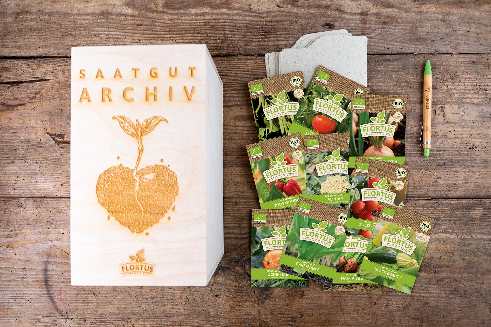 FLORTUS Saatgut Archiv Grillgemüse | Samen Set Geschenkbox Holzkiste (10 Sorten) | Geschenkset Aufbewahrungsbox mit Deckel | BIO Gemüsesamen