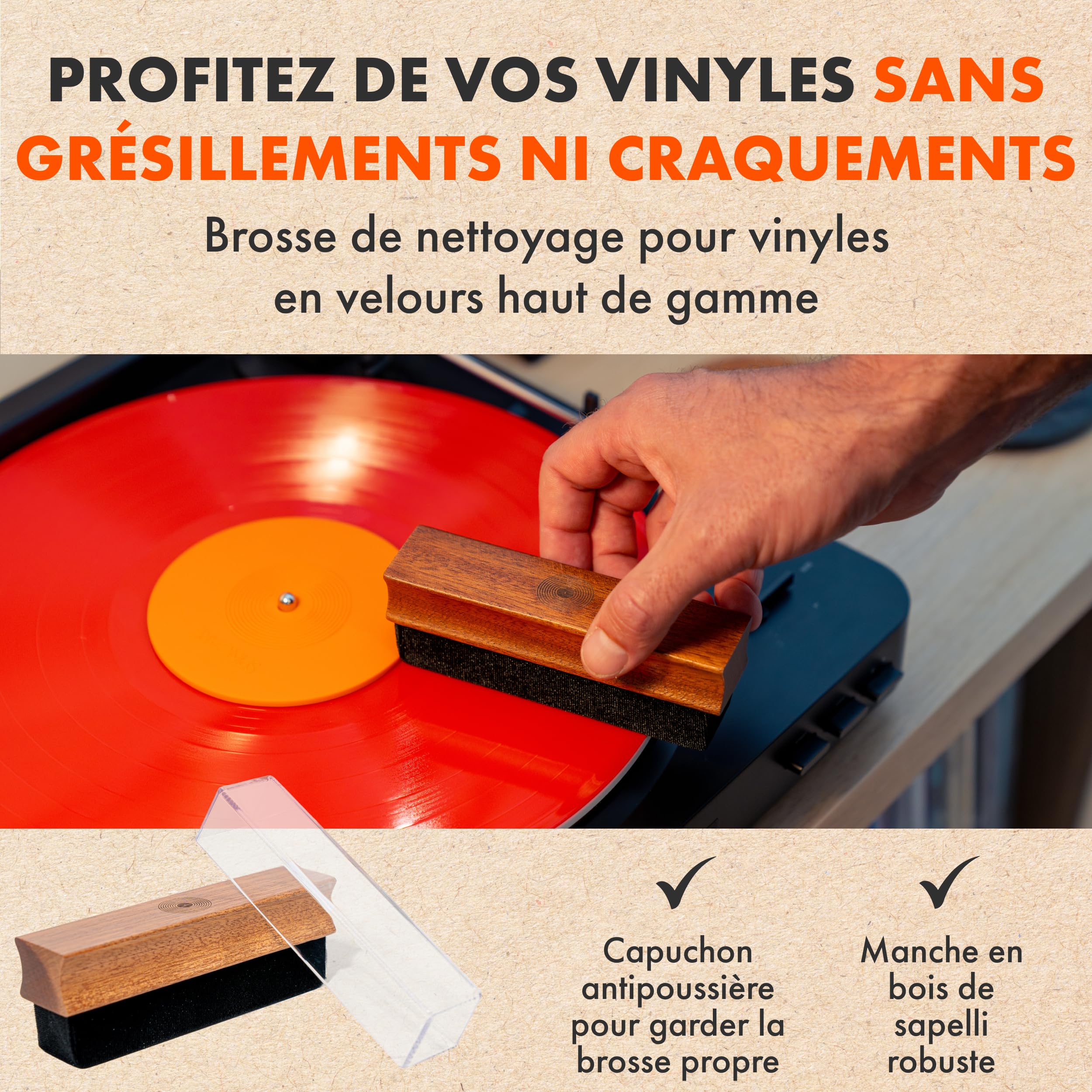 SPINCARE Kit Nettoyage Vinyle 7-en-1 Brosse Velvet avec Manche en Bois et Couvercles Antipoussière | Solution 120 ML pour Vinyles | Brosse Stylus | Protecteur d’Étiquette | Chiffons Microfibre