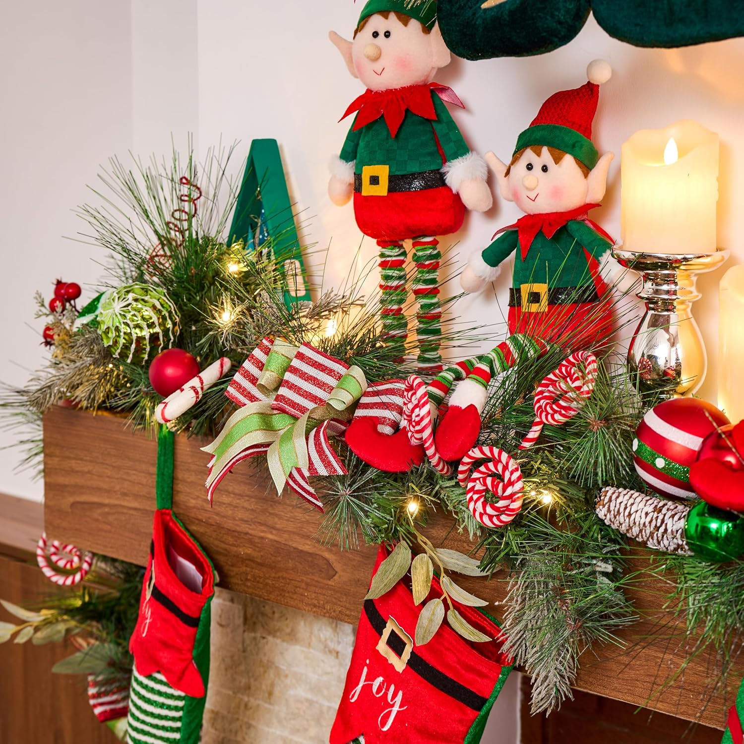 Valery Madelyn 9 Feet Pre-Lit Christmas Garland with Lights for Mantle, Lighted Outdoor Xmas Garland with Elf Red Green White Balls for Home Stairs Fireplace Table Centerpiece Indoor Holiday Decor