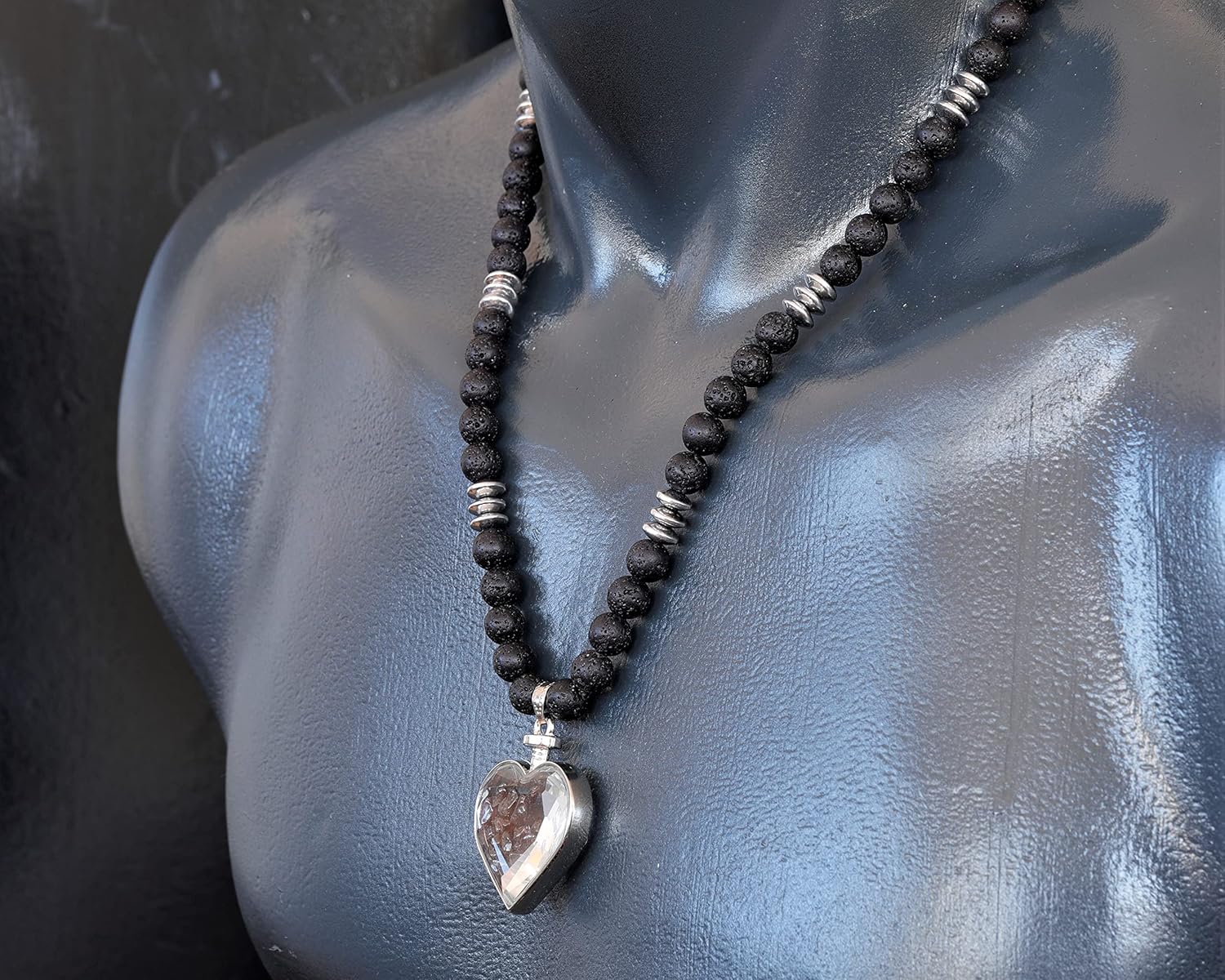 ElisaJewelryArt - Natural Cherry Quartz Heart Pendant Black Lava Stone Beaded Necklace Genuine Gemstone Balance Stone Clasp Closure Necklace Unisex Necklace - Image 3