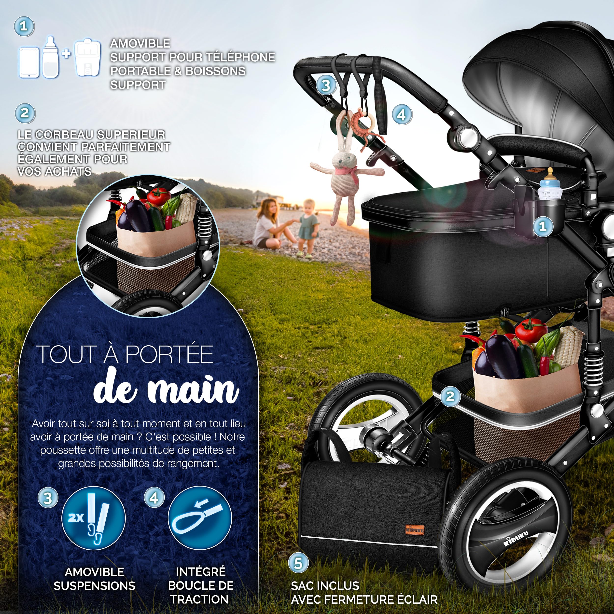 KIDUKU Poussette Combinée 3 en 1 Trio Siège Auto Légère Pliable Nacelle Souple Convertible Set de Voyage Noir