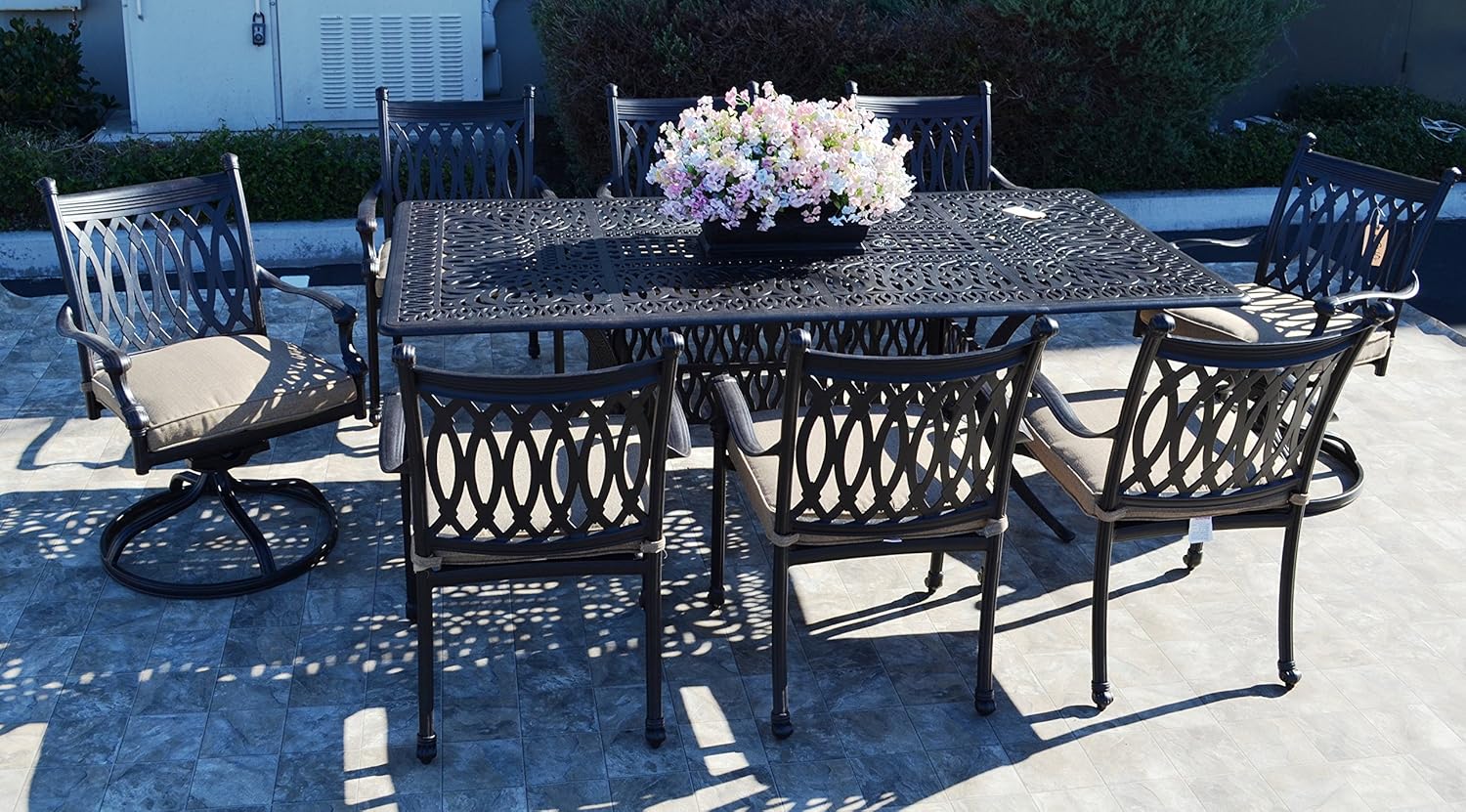 Grand Tuscany Cast Aluminum Powder Coated 9pc Outdoor Patio Dining Set with 44"x84" Rectangular Table with Sunbrella Cushions- Antique Bronze