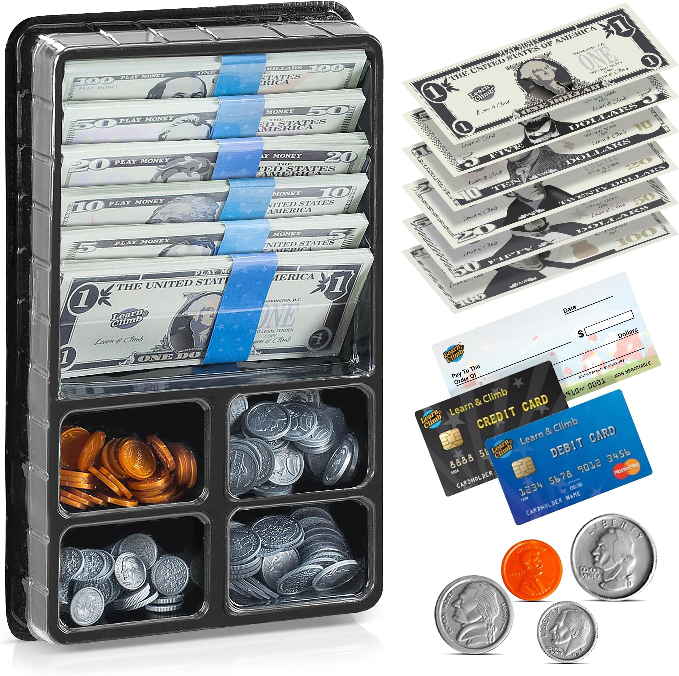 Play Money Set for Kids - Includes: Bills, Coins, Credit Card and Checkbook