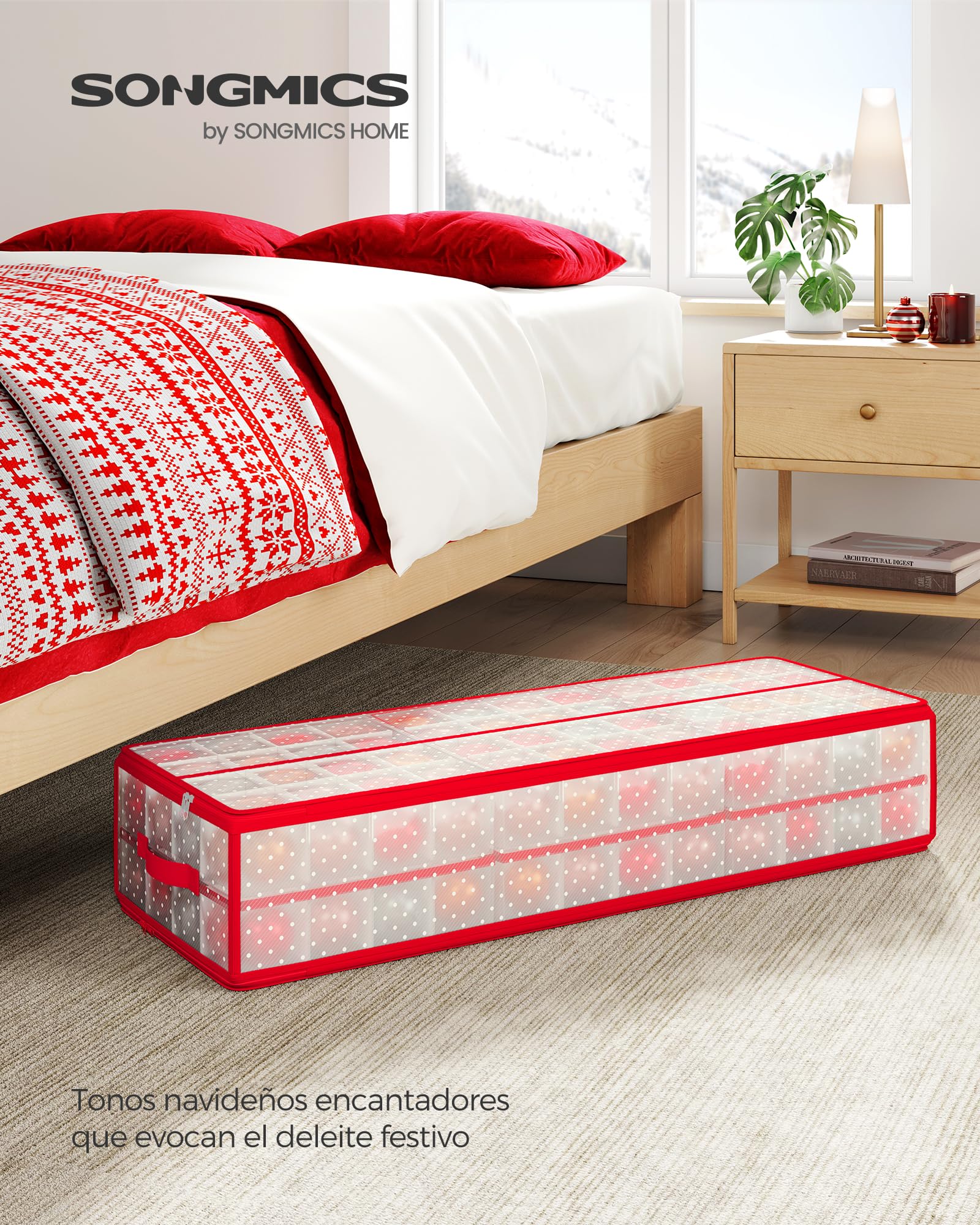 SONGMICS Caja Almacenaje para Bolas de Navidad, 96 Ranuras de 7,6 cm, 96,5 x 33,5 x 17,5 cm, Caja Almacenaje con Separadores, Cremalleras, Asas Laterales, Debajo de Cama, Rojo Cereza RFB031T02