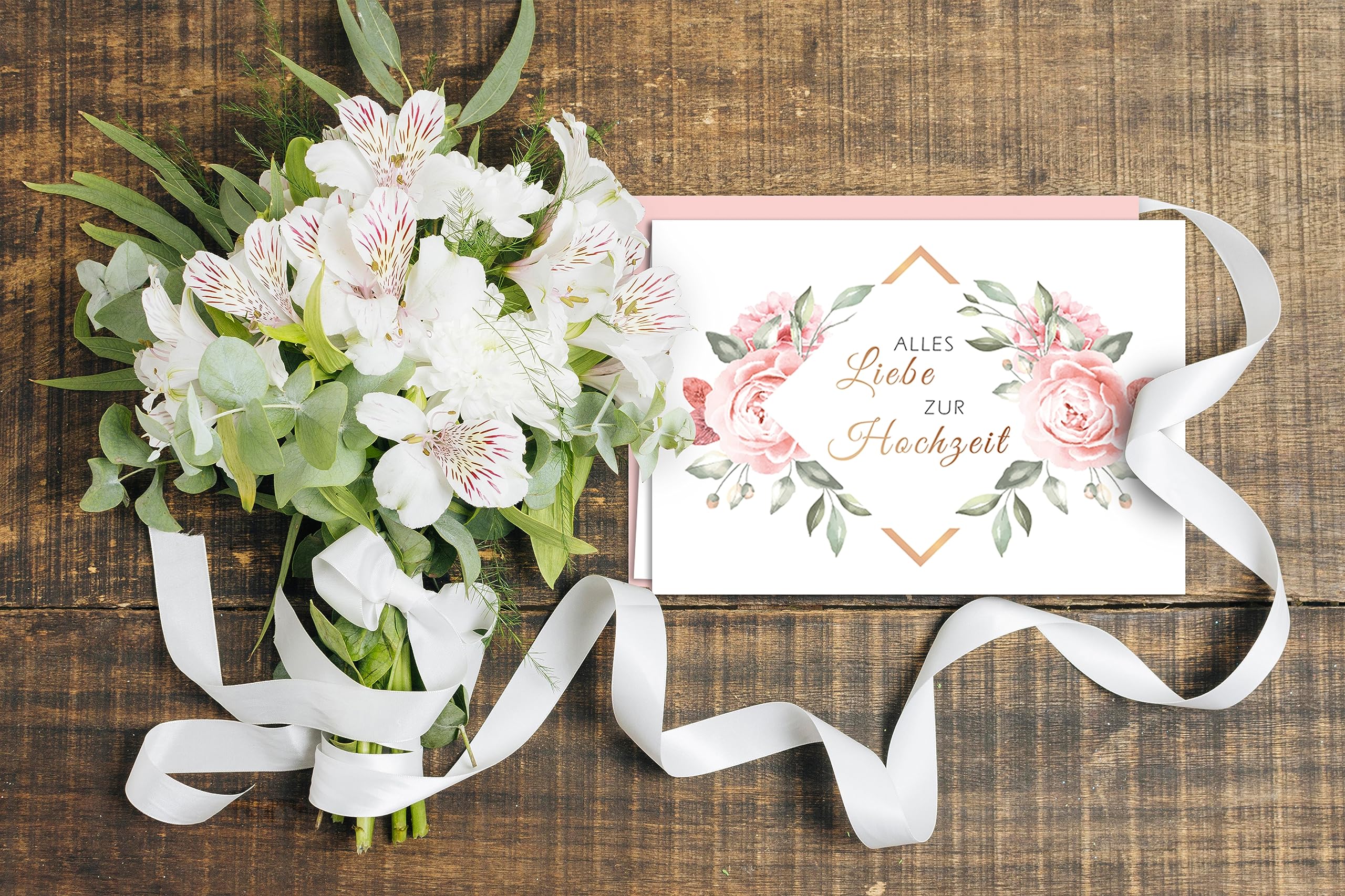 Hochzeits-Glückwunschkarten 4er Set – Aquarell-Rosen-Design, Altrosa Umschläge, DIN A6 Klappkarten, Made In Germany