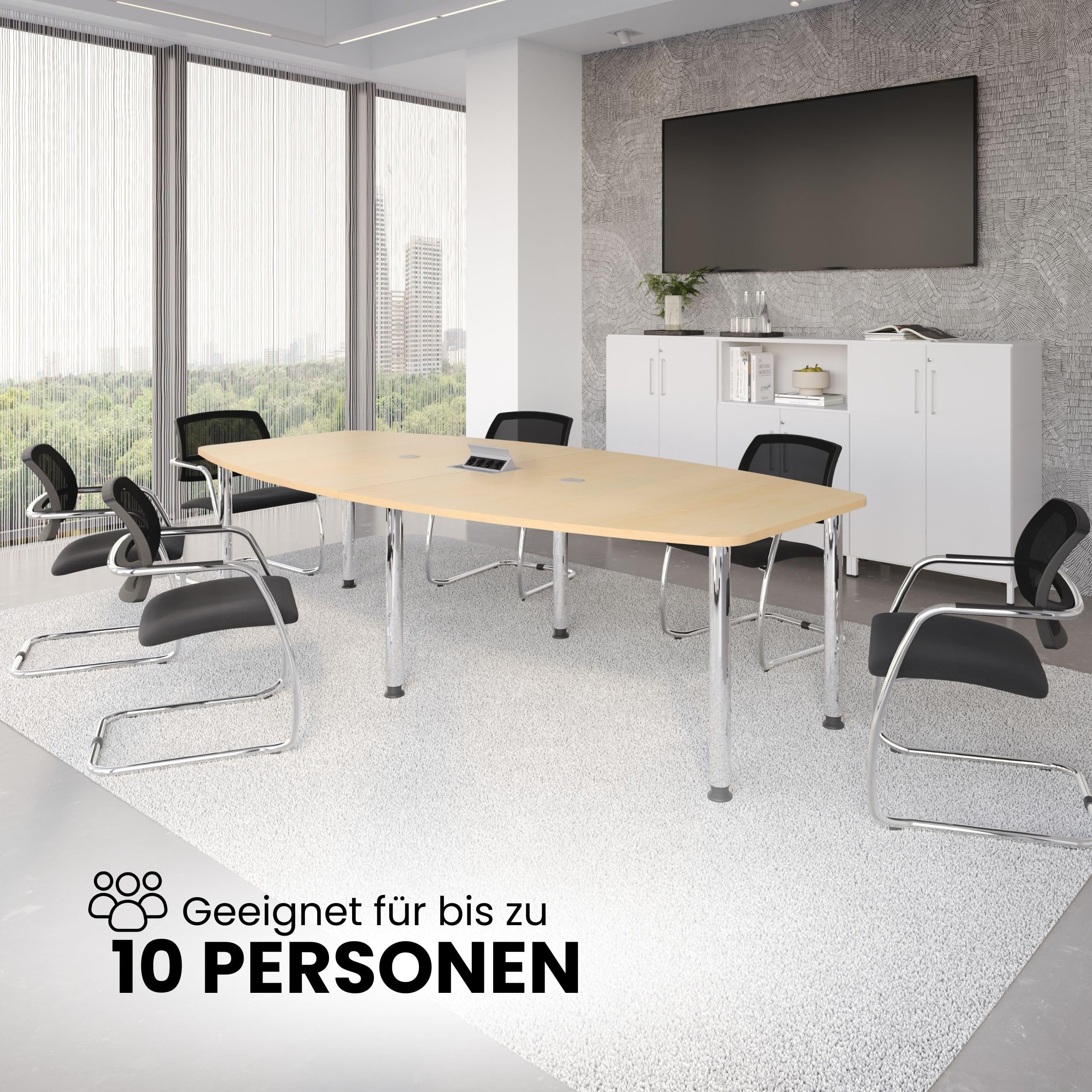 bümö Konferenztisch oval 280x130 cm großer Besprechungstisch in weiß, Besprechungstisch mit Säule in Silber, Meetingtisch für 10 Personen, XXL-Tisch für Besprechungsraum & Meeting