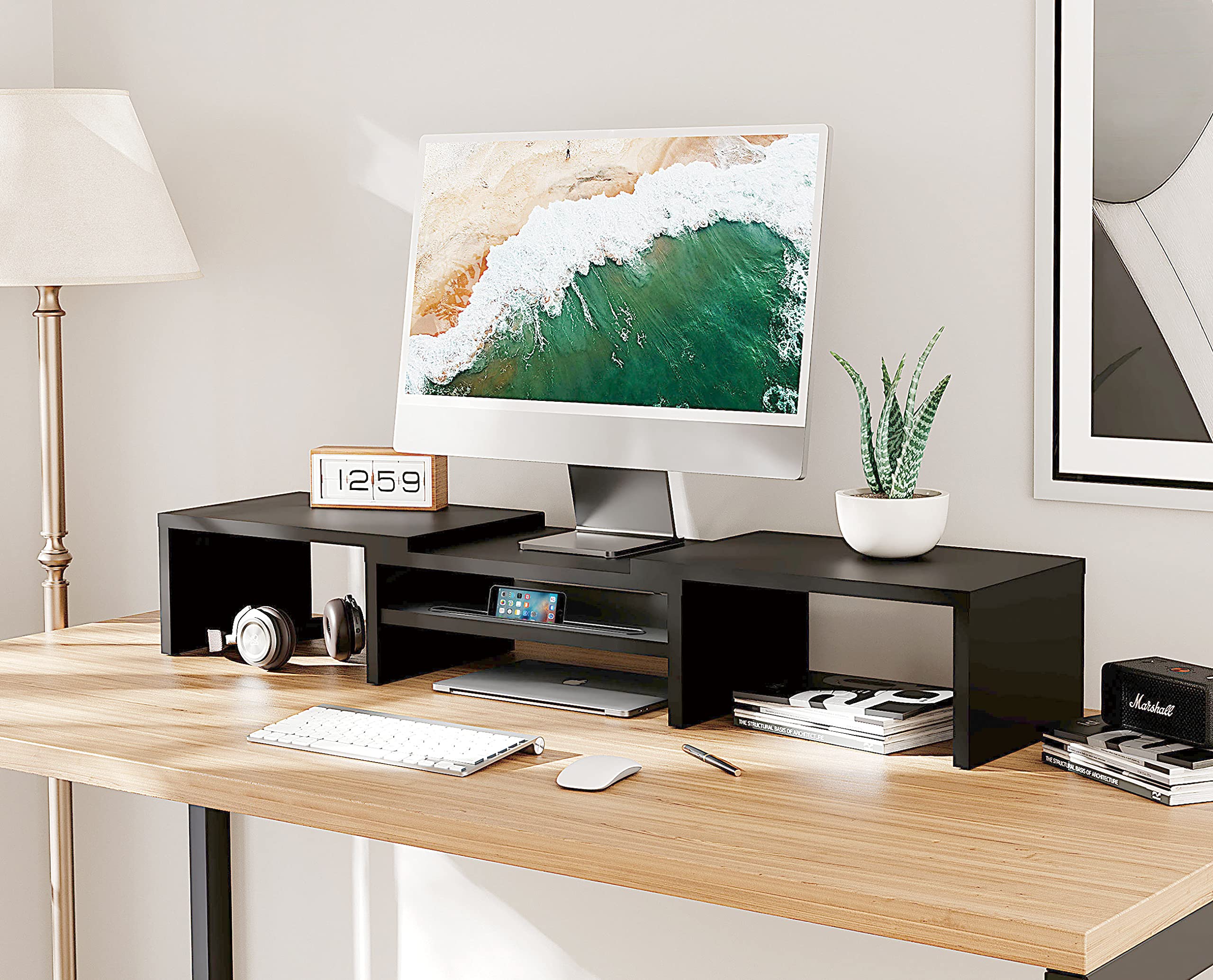 FITUEYES Réhausseur D'Écran Bois Réglable - Support Bureau 92-108cm Avec Tiroir | Pour 2 Écrans PC/TV