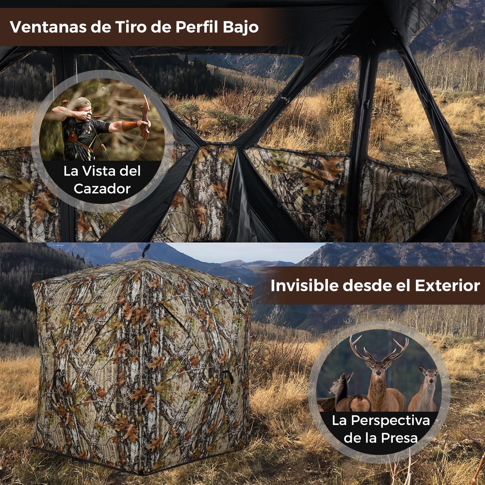 GYMAX Tienda de Caza Portátil para 2 Personas, Puesto de Caza Camuflada con Ventanas Silenciosas, Paneles de Seguridad Naranjas, Bolsa de Transporte, Refugio Oculto Emergente para Ciervos y Pavos