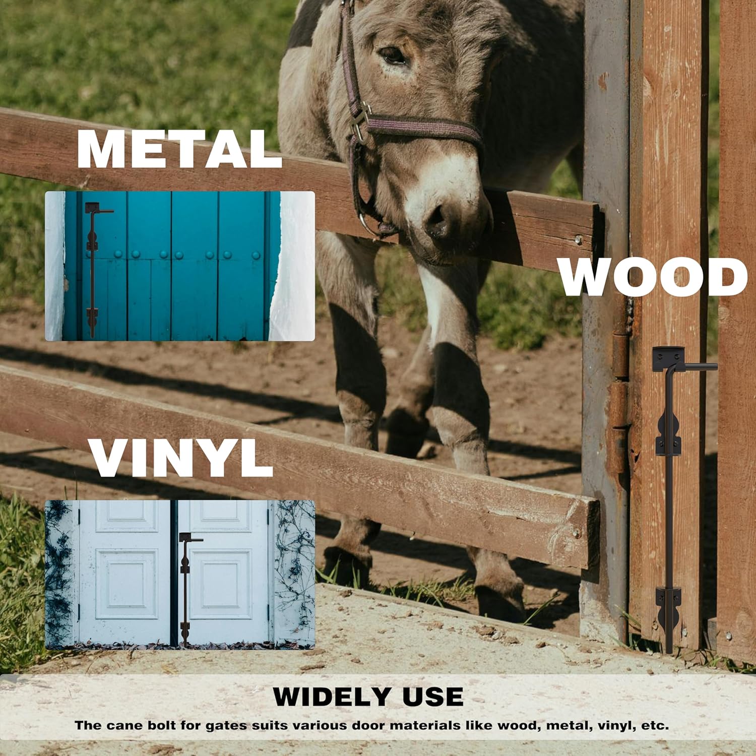 Collage showing the cane bolt used on different gate materials: metal, wood, and vinyl, demonstrating its wide applicability.