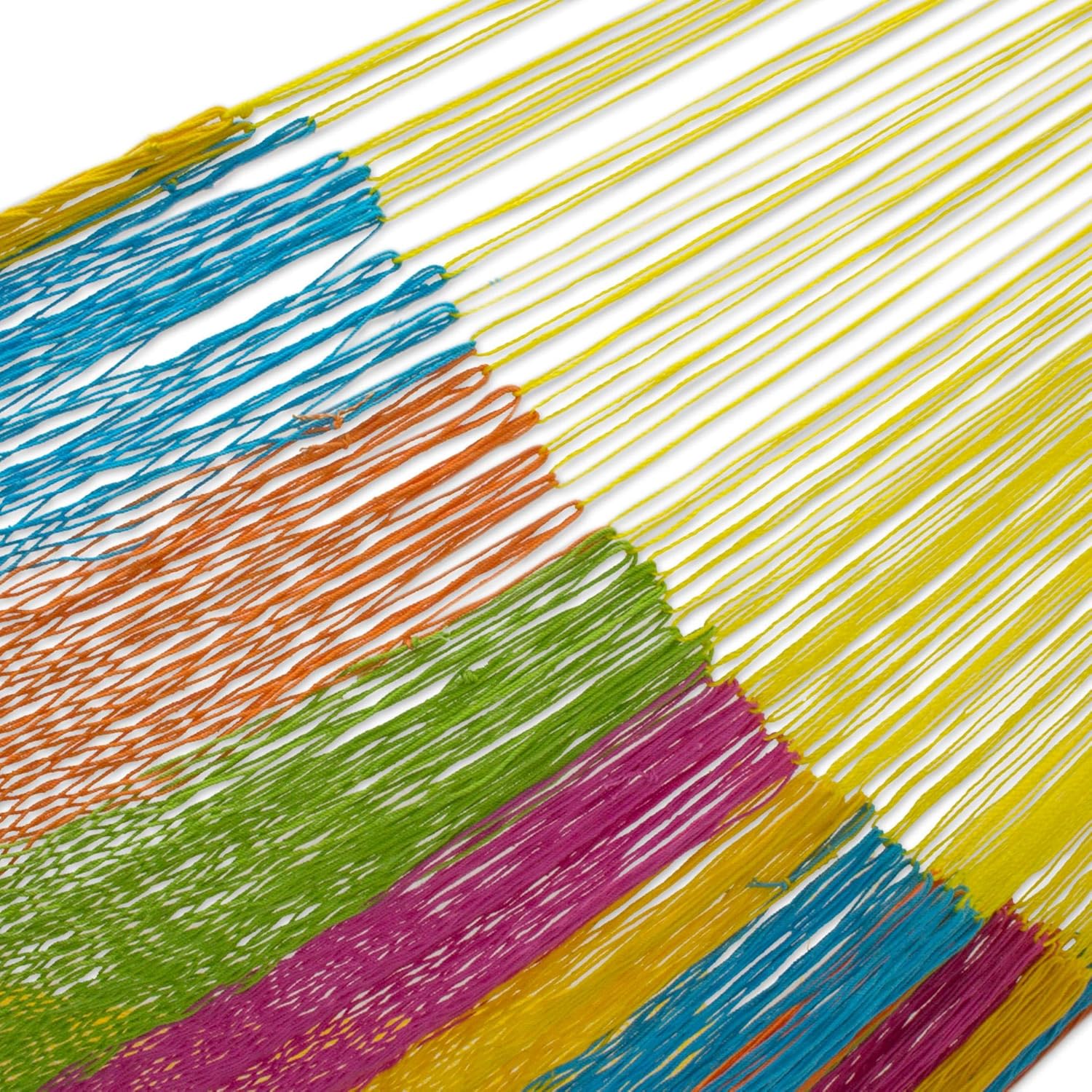 NOVICA Bright Yellow Orange Turquoise Blue Striped Tropical Hand Woven Cotton and Nylon Mayan 2 Person XL Rope Hammock, 'Yucatan Feast' (Double)