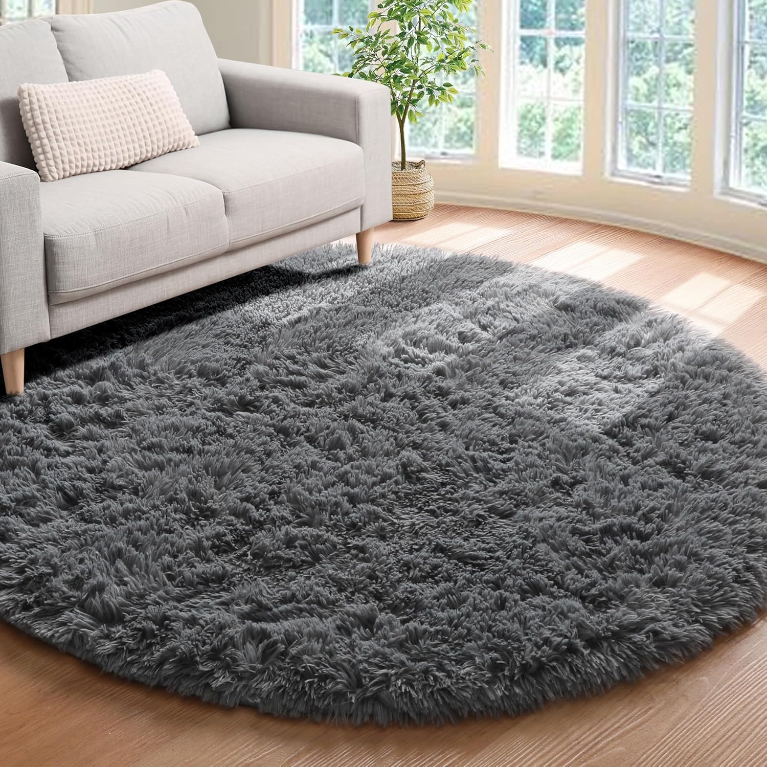 ONASAR Grey Round Area Rug 4ft, Soft Bedroom Circle Rugs
