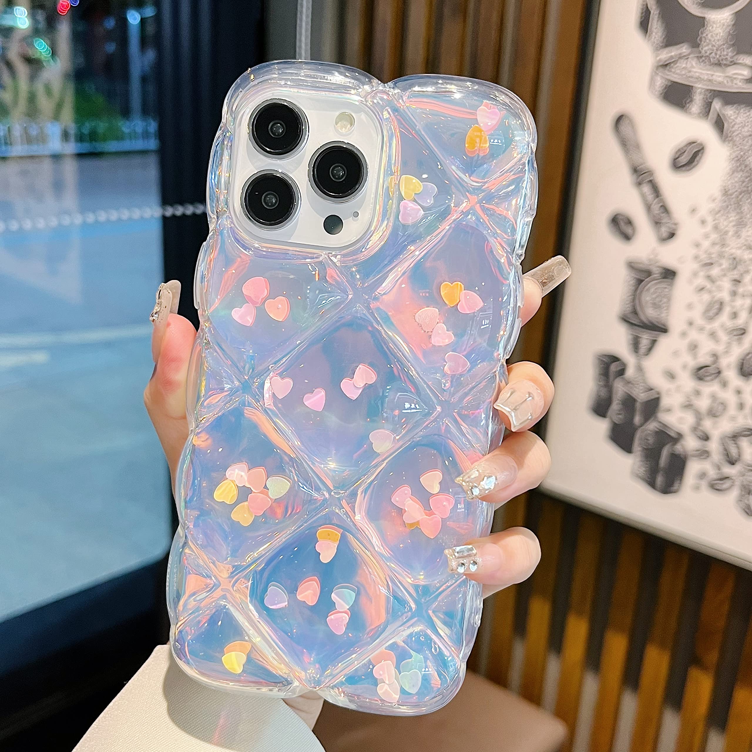 Qokey Funda Compatible con iPhone 16 Pro de 6.3 Pulgadas, Bonita Funda láser Gradual con Purpurina de corazón Transparente + Tarjeta translúcida, Marco de Onda Suave, anticaídas, 3D, Grueso, a Prueba