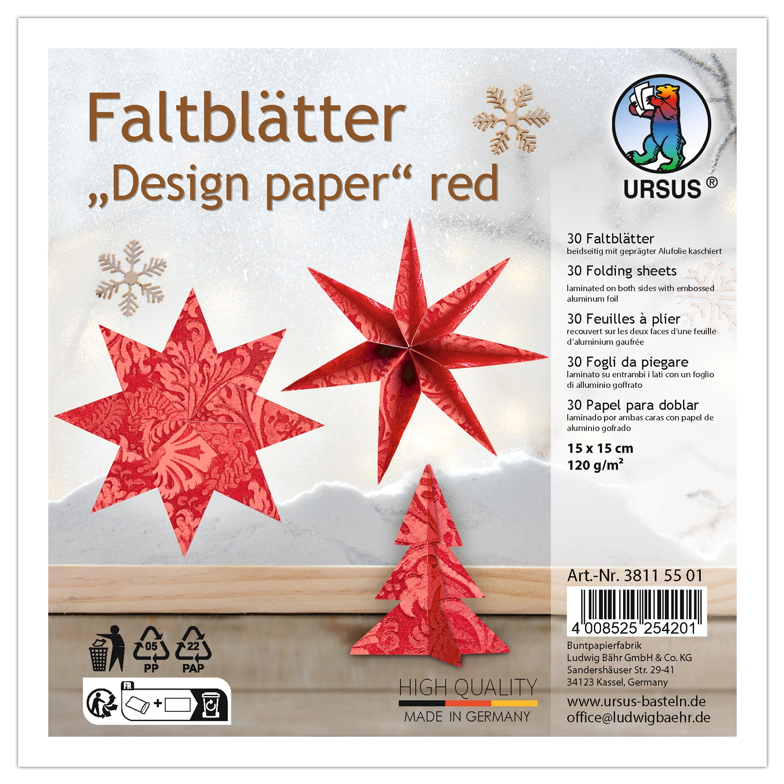 Ursus 3811 55 01 - Faltblätter „Designpapier“ Rot, 30 Stück, 15 x 15 cm, 120 g/m², beidseititg kaschiert mit geprägter Alufolie, Bastelpapier für Origami, Falten & Deko