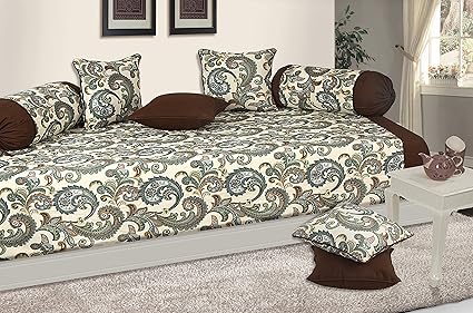 Shades of Life Cotton New Paisley Coffee Diwan Set with 1 Bedsheet 5 Cushions Covers and 2 Bolsters Covers for Living Room | 60 * 90 Inch