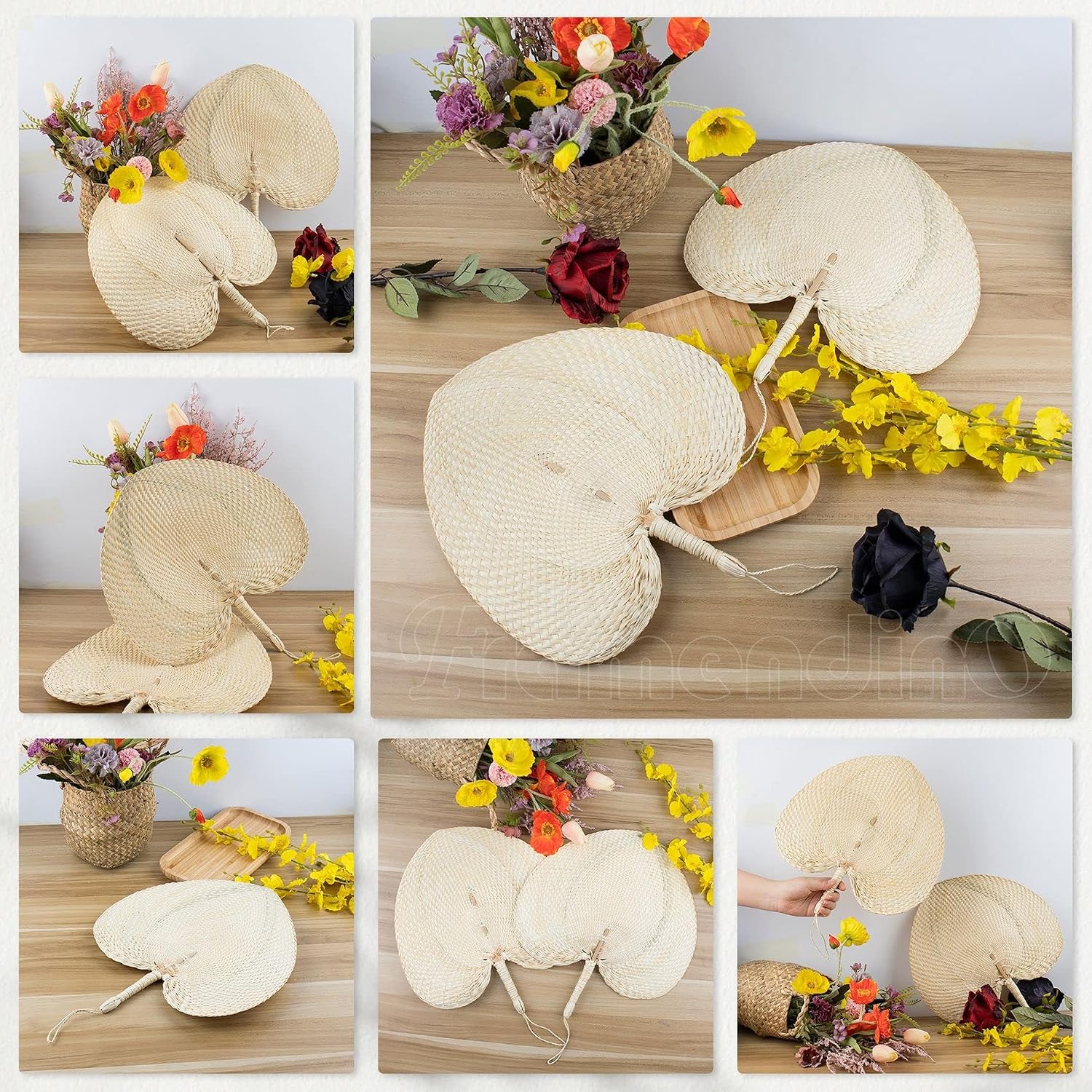 Framendino, 2 Pack Handmade Natural Bamboo Raffia Fans Hand Rattan Fan Woven Plam Leaf for Wedding Party Favors Table Wall Boho Decoration Summer Cooling Home Decor